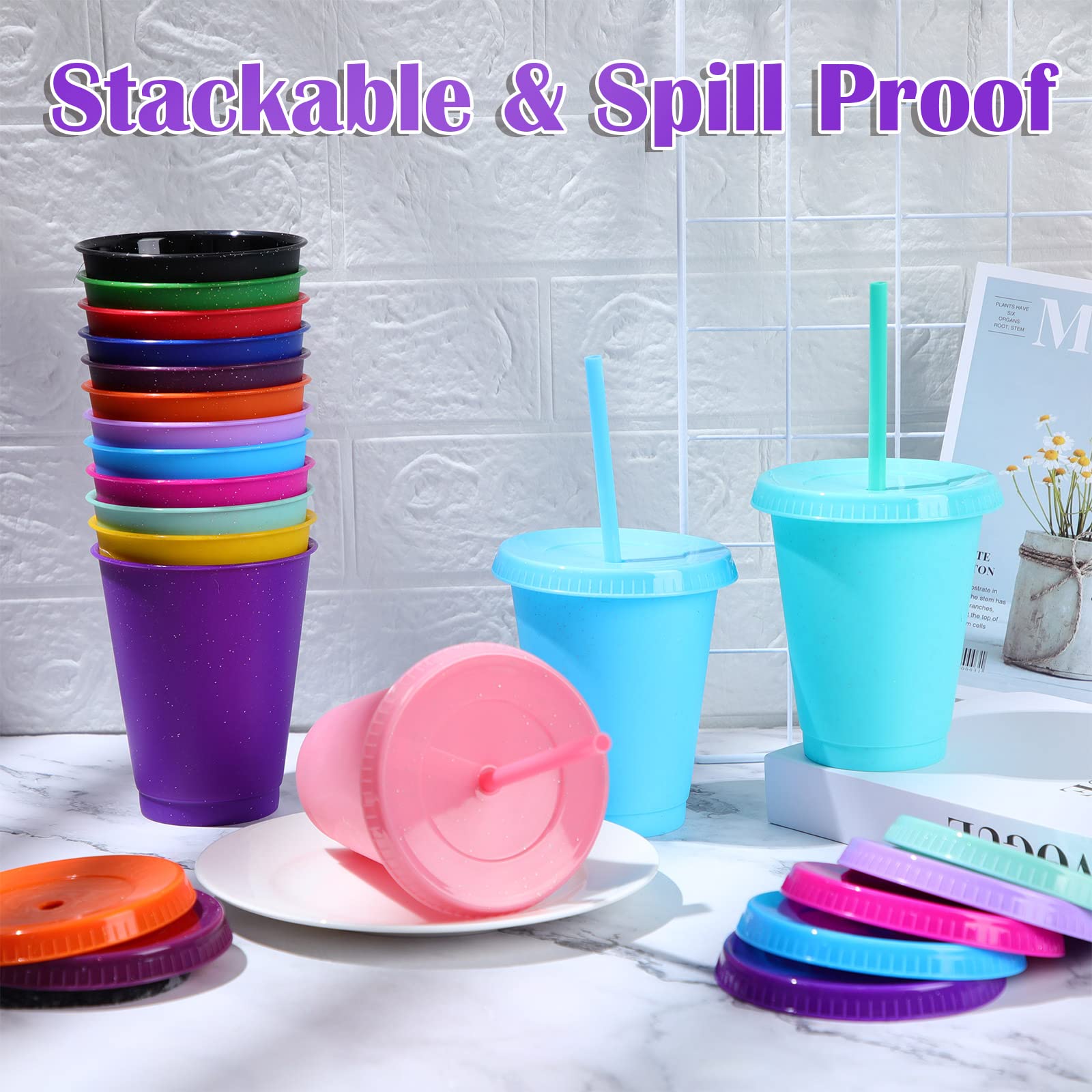 16oz Reusable Plastic Tumbler Cups with Lids & Straws - 15 Pack Cute Color Kids Water Bottles for Travel, Iced Coffee, Parties & Daily Use - BPA-Free Spill-Proof Drinkware for Adults & Children