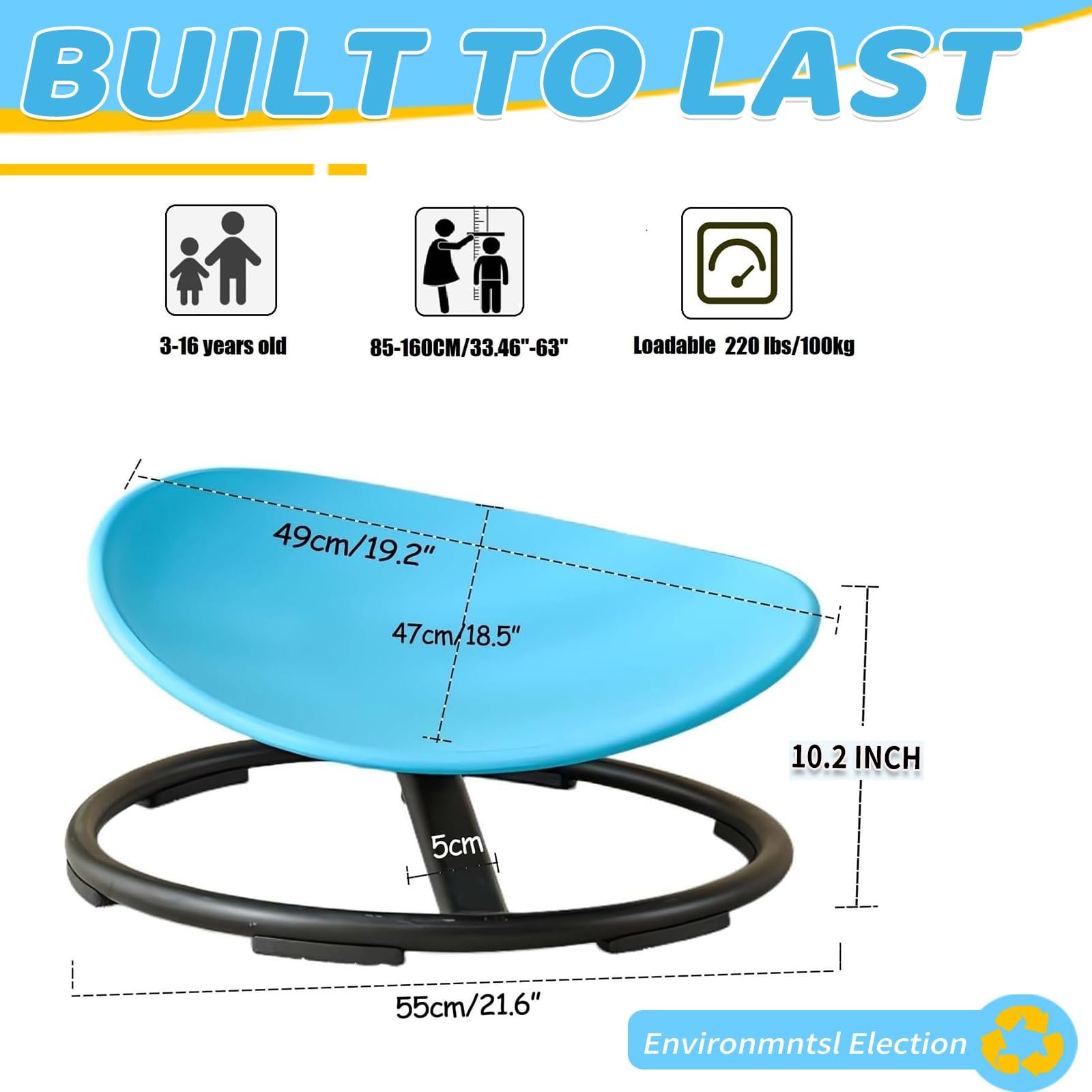 Sensory Spinning Chair for Kids - Autism Swivel Chair with Metal Base | Sit and Spin Toy for Body Coordination Training | Non-Slip Indoor/Outdoor Activity Toy (Blue) - Perfect for Sensory Playrooms, Autism Therapy & Backyard Fun