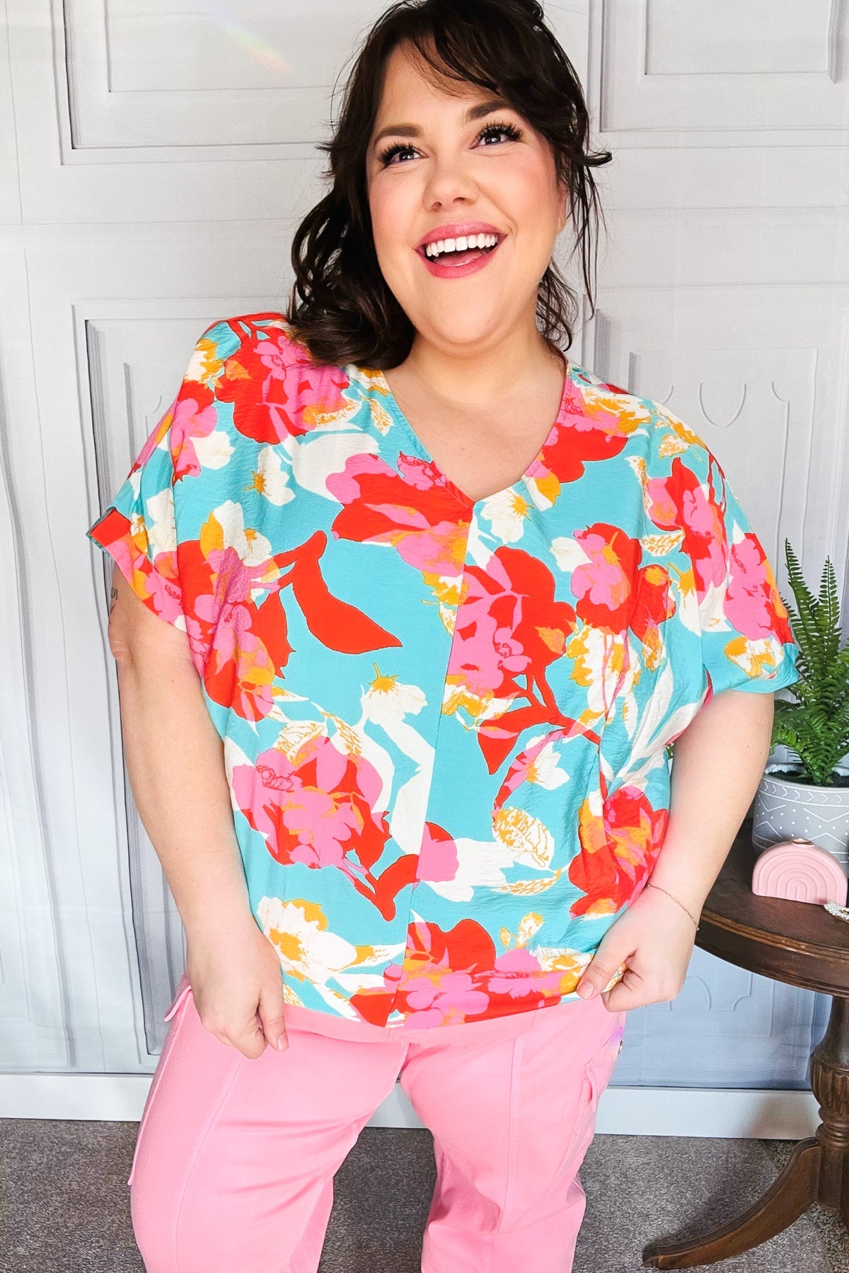 Stylish Aqua & Coral Floral Print V-Neck Woven Blouse for Women | Summer Casual & Beach Outfit | Perfect for Vacations, Dates, and Outdoor Events