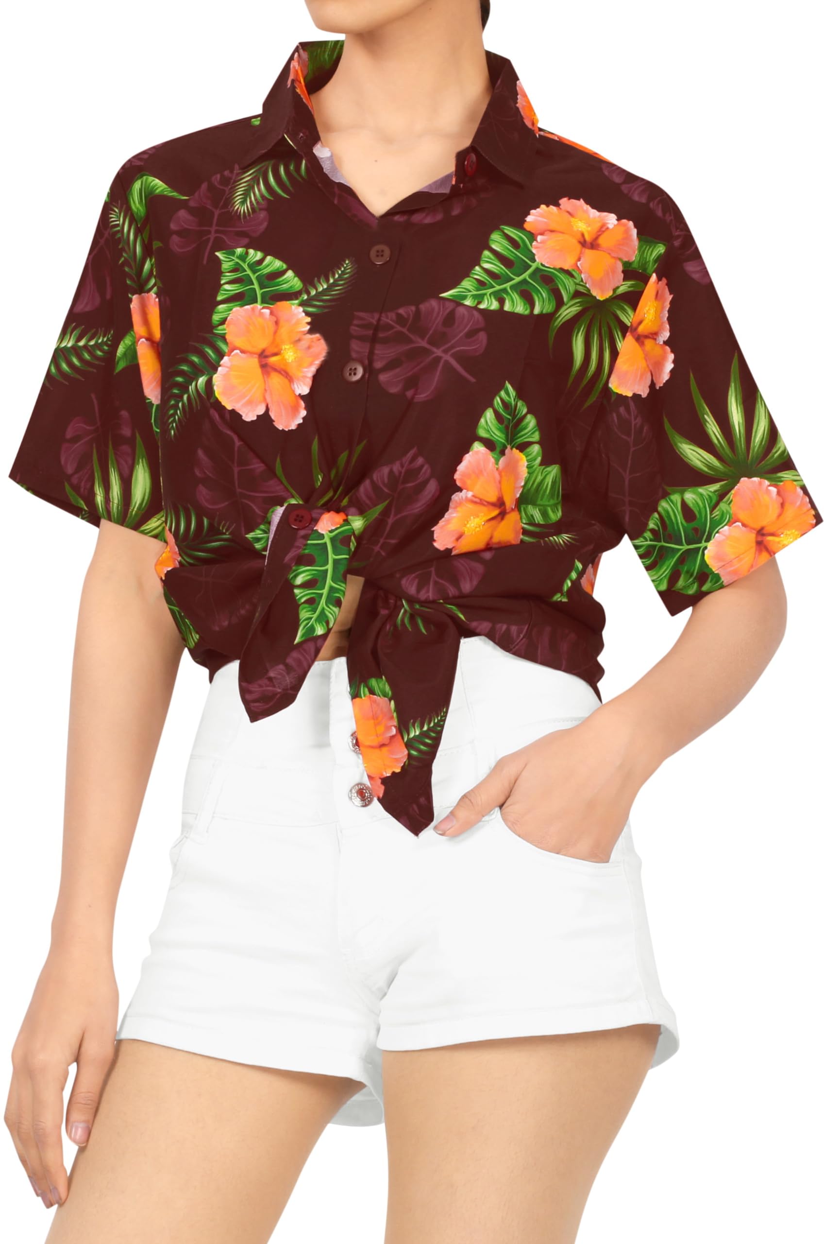Happy Bay Women's Hawaiian Beach Short Sleeve Blouse - Tropical Floral Print Vacation Shirt for Summer, Pool Party & Island Getaway