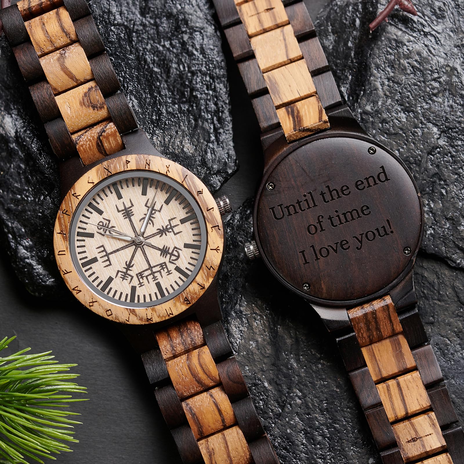 Vikingenes Handmade Wooden Watches for Men – Engraved Personalized Viking Watch, Natural Wood Wristwatch with Chronograph – Luxury Unique Gift for Him – Perfect for Outdoor Adventures, Formal Events & Anniversary Presents