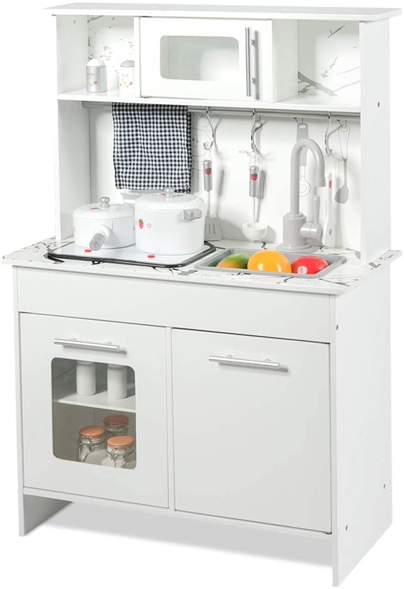 HONEY JOY Kids Wooden Kitchen Playset - Pretend Play Toy Kitchen with Removable Sink, Microwave & Cookware - Large Storage Cabinet - Educational Chef Toy for Toddlers Age 3+ (White) | Perfect for Role Play, Birthday Gifts & Early Childhood Development