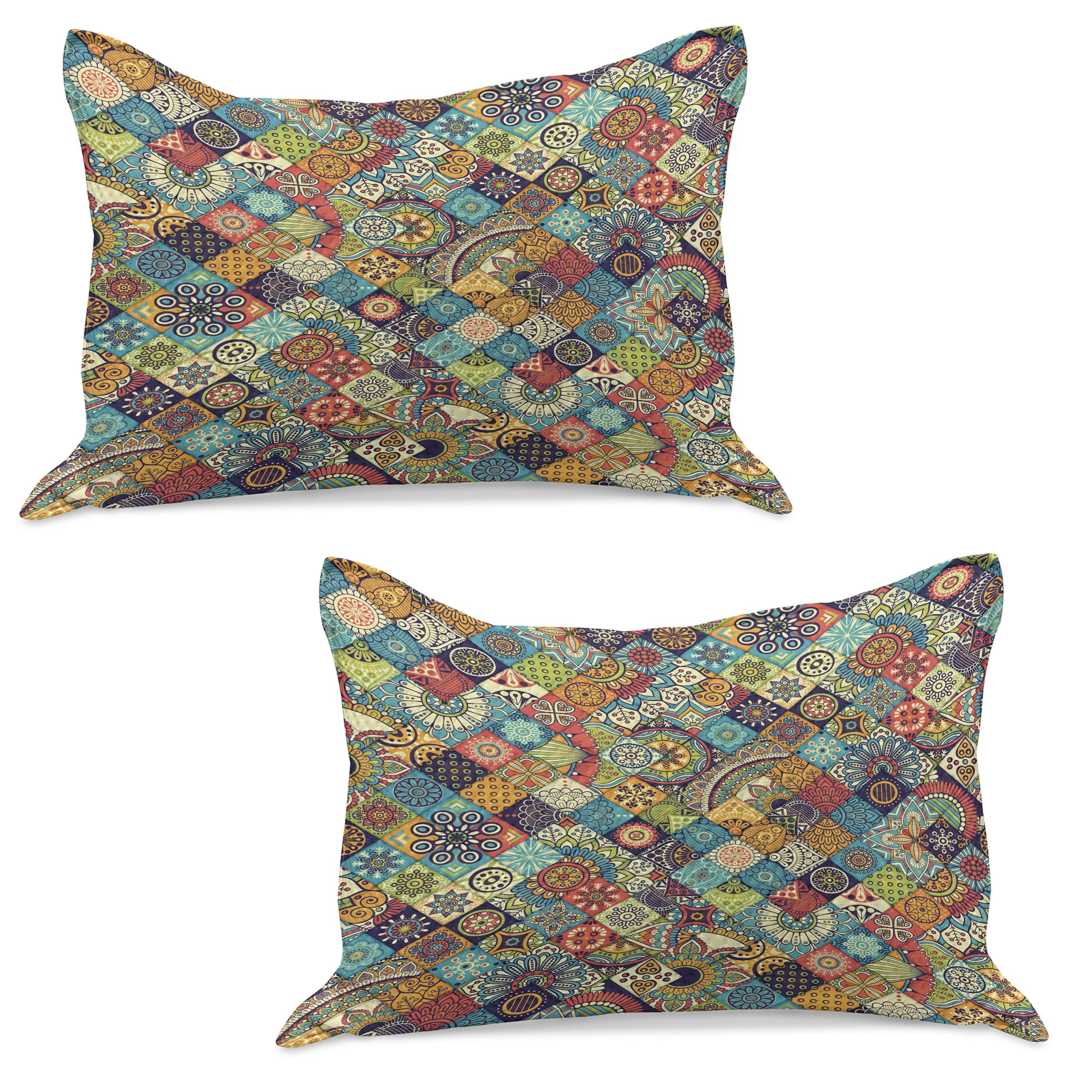 Ambesonne Bohemian Quilted Pillow Cover Set of 2 - Geometric Floral Folk Art Abstract Design - Standard King Size 36