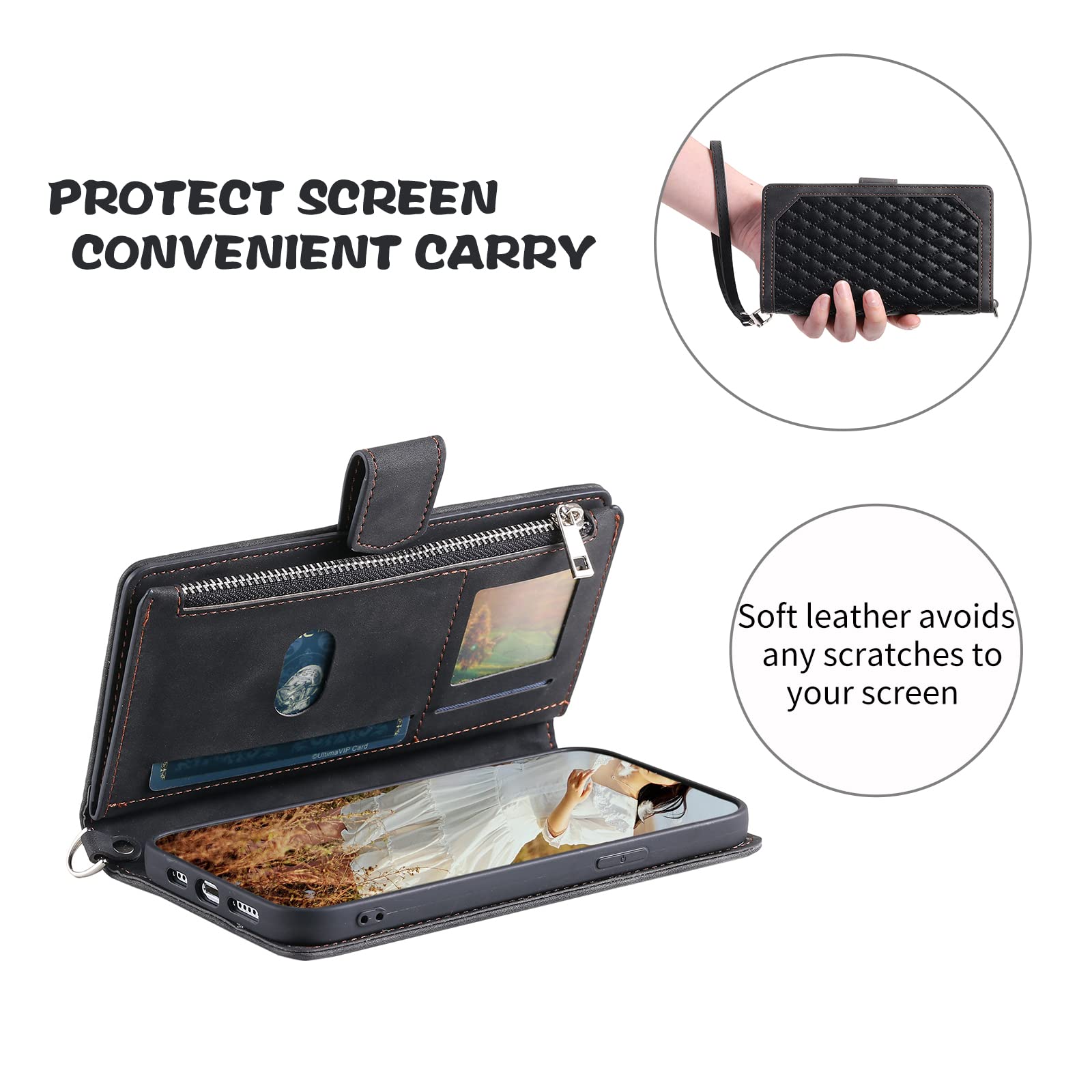 Luxury Quilted PU Leather Wallet Case for Samsung Galaxy A53 5G - RFID Blocking Card Slots, Magnetic Zipper Closure, Wrist Strap & Kickstand - Shockproof Flip Cover for Women (Black) - Perfect for Travel, Shopping & Daily Use