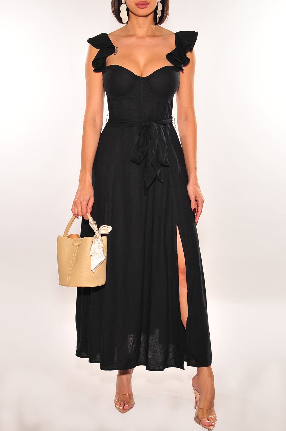 Deep Navy Padded Underwire Belted Ruffle Slit Dress for Women - Elegant Evening Gown for Parties, Weddings & Special Occasions