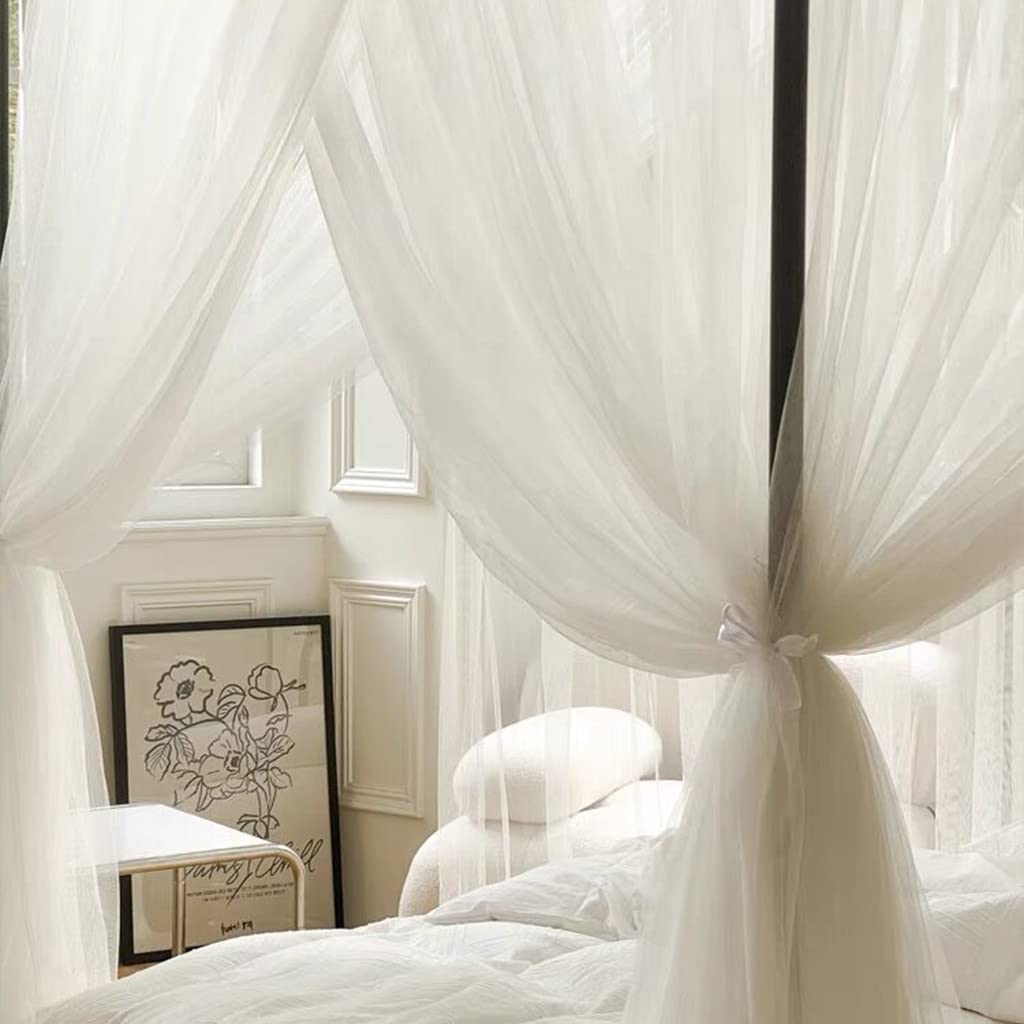 Elegant Luxury 4 Corner Post Mosquito Net for Full Size Bed - White Bed Canopy for Romantic Bedroom Decor & Insect Protection