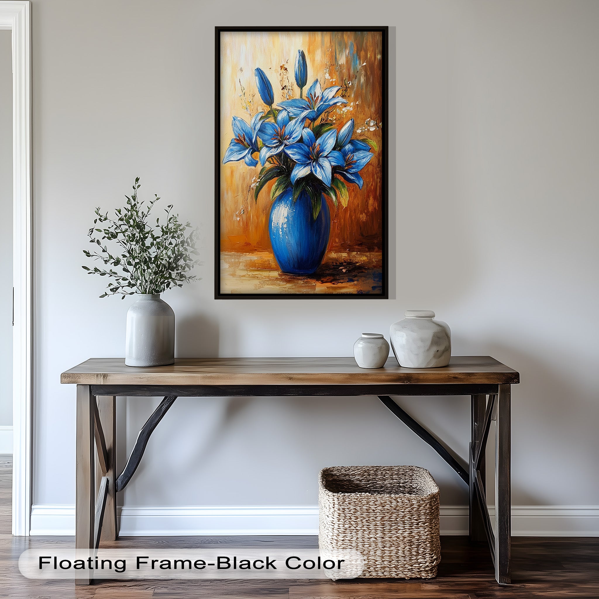 Azure Blossoms in Blue Vase - Hand-Painted Floral Oil Canvas Artwork for Living Room Decor | Wall Art for Home & Office