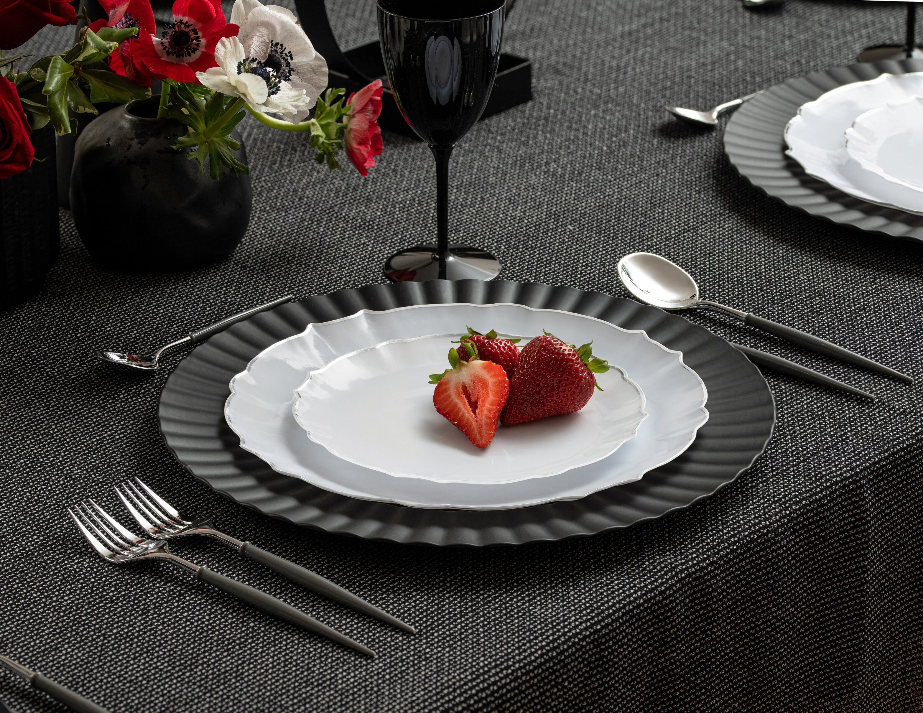 32-Pack White & Silver Round Plastic Dinnerware Set for 16 Guests - Elegant Disposable Plates, Bowls, Cups & Cutlery - Perfect for Weddings, Parties, Catering & Outdoor Events