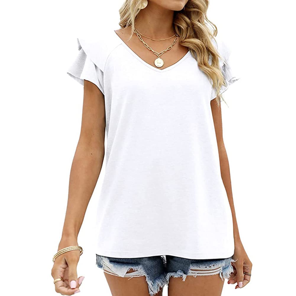 Women's Loose Fit V-Neck Waffle Knit Short Sleeve Blouse - Casual Lace Trim Baggy Tee Shirt for Everyday Wear, Outings & Layering