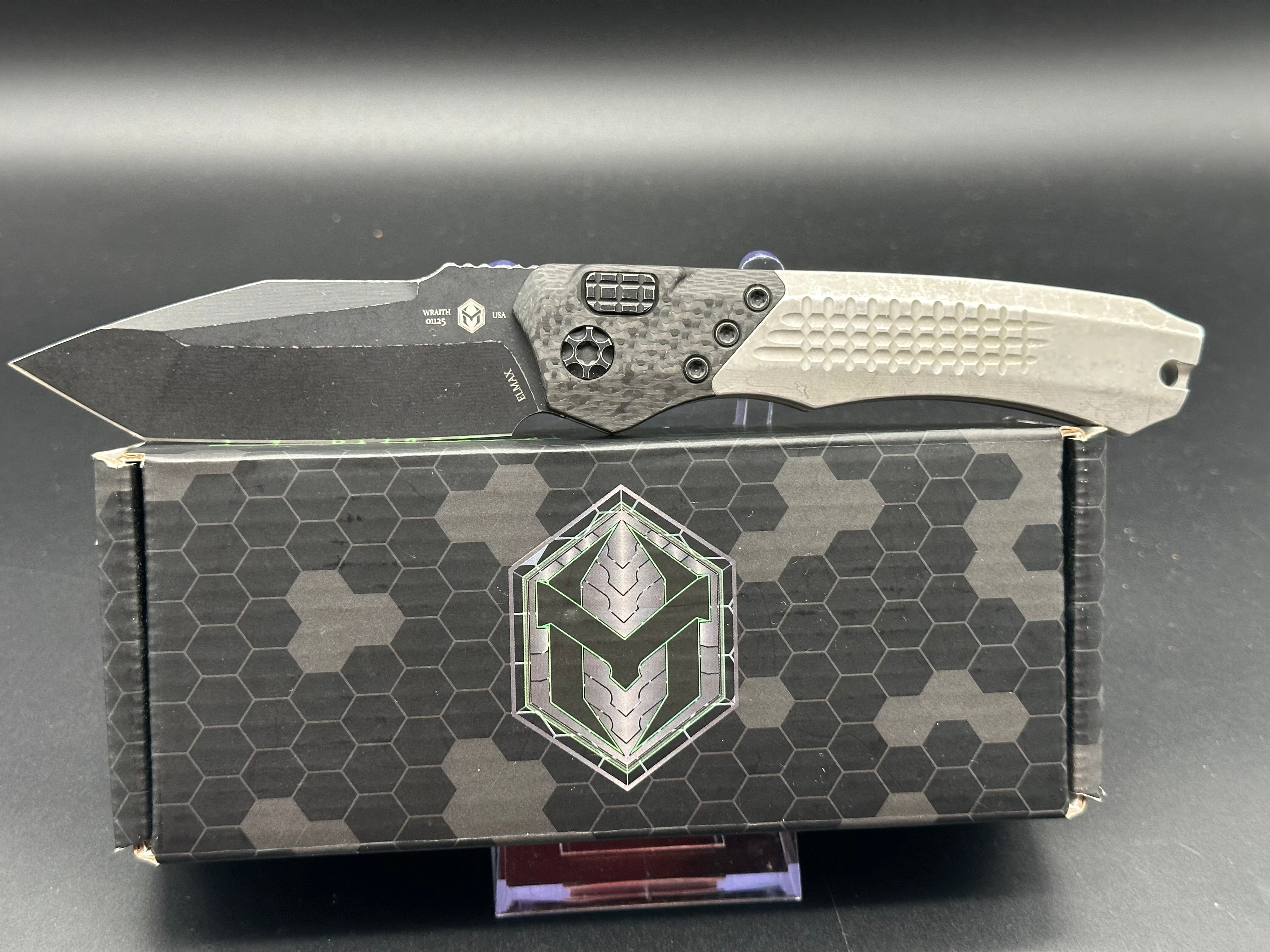 Heretic Knives Wraith Auto Tanto Folding Knife - Elmax Steel Blade, Battleworn Finish, Integral Bolster - Perfect for EDC, Outdoor Survival & Tactical Use