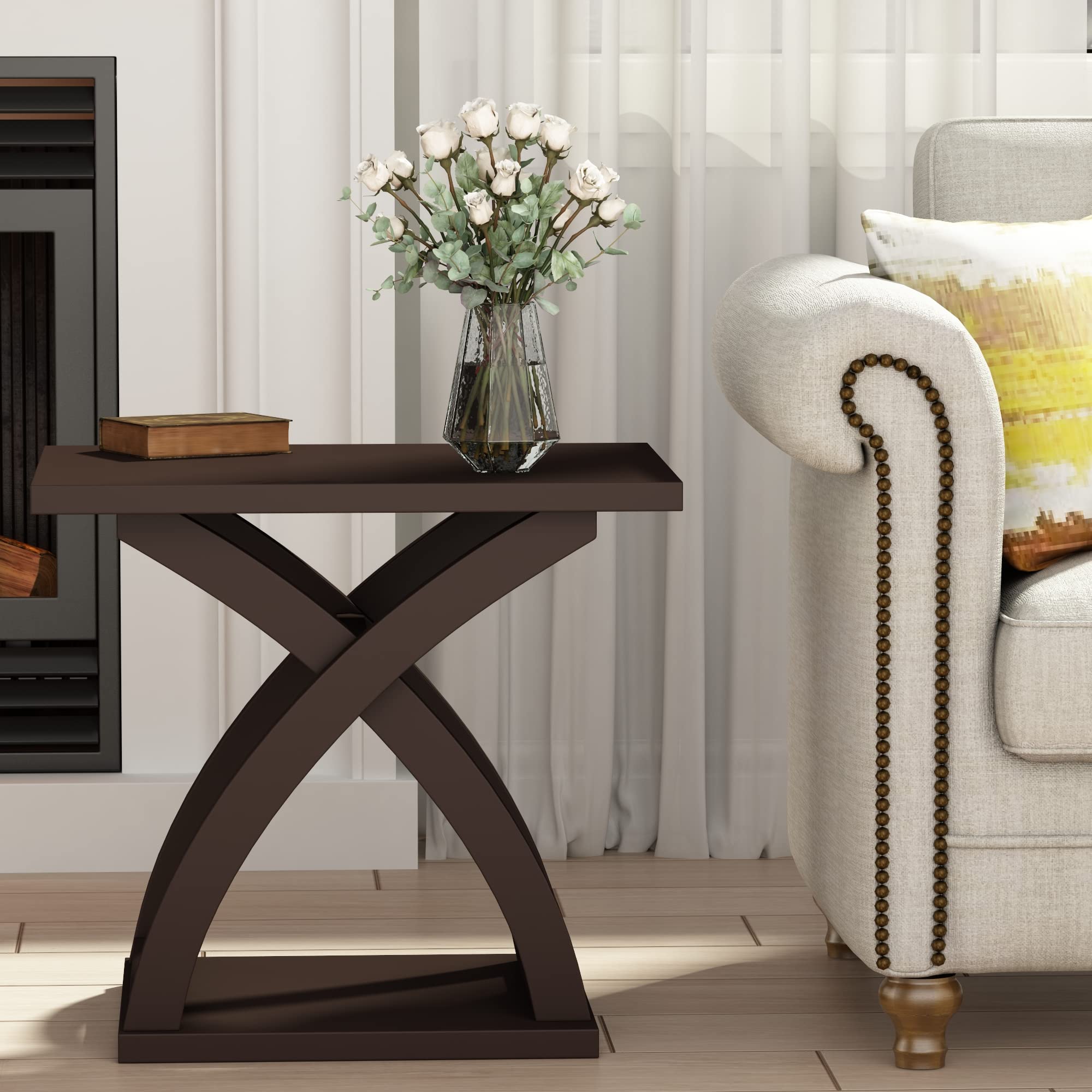 ChooChoo 2-Piece Modern End Table Set with Storage Shelf - X-Design Side Tables for Living Room, Bedroom & Office - Espresso Finish - Space Saving Furniture for Small Spaces
