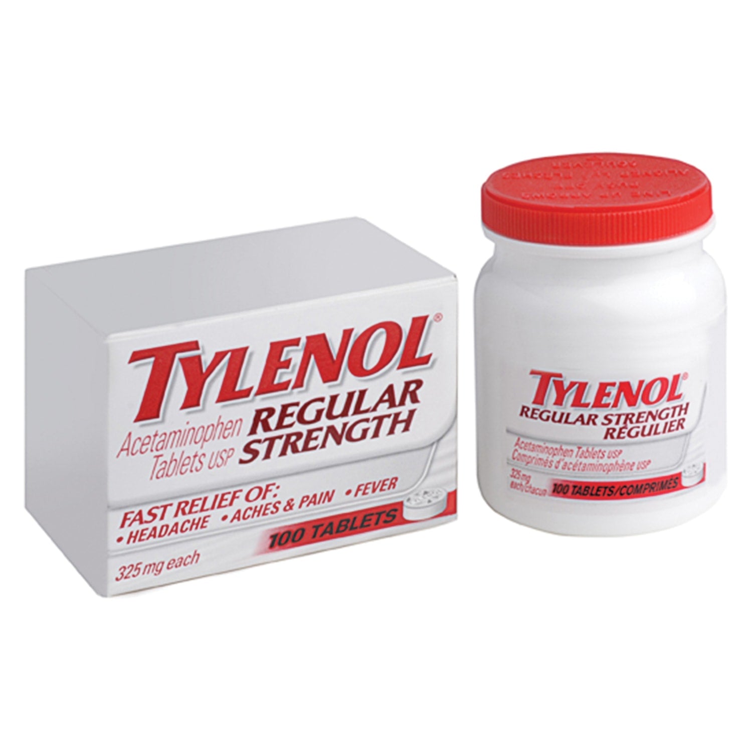 TYLENOL Acetaminophen Pain Reliever & Fever Reducer Tablets - 325mg Regular Strength (100 Count Bottle) - Headache, Muscle & Joint Pain Relief - Safe for Adults & Kids
