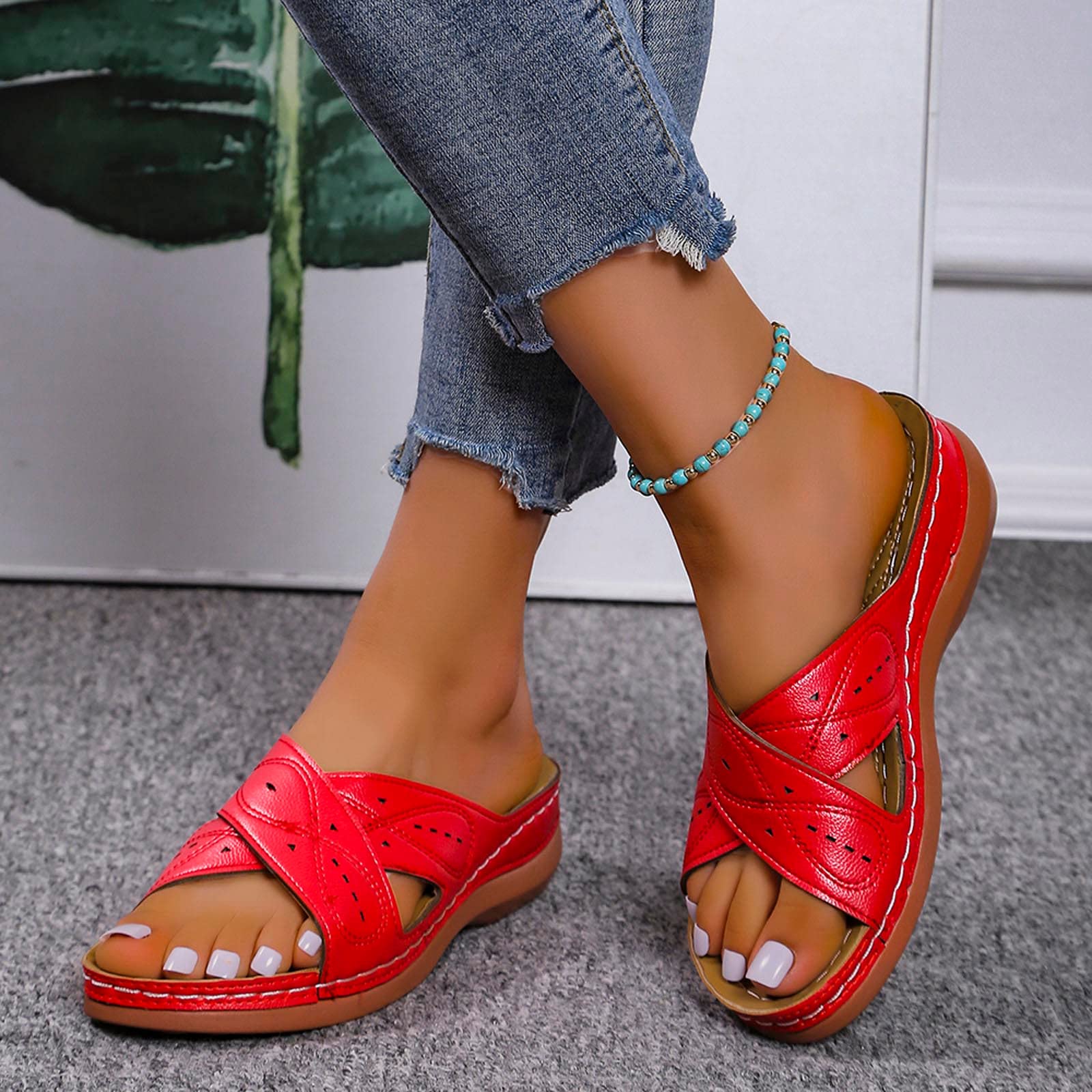 Women's Summer Slip-On Sandals - Fashion Casual Cross Strap Open Toe Wedge Platform Slippers - Comfortable Sewing Thread Design for Outdoor Walking, Beach Vacations & Daily Wear