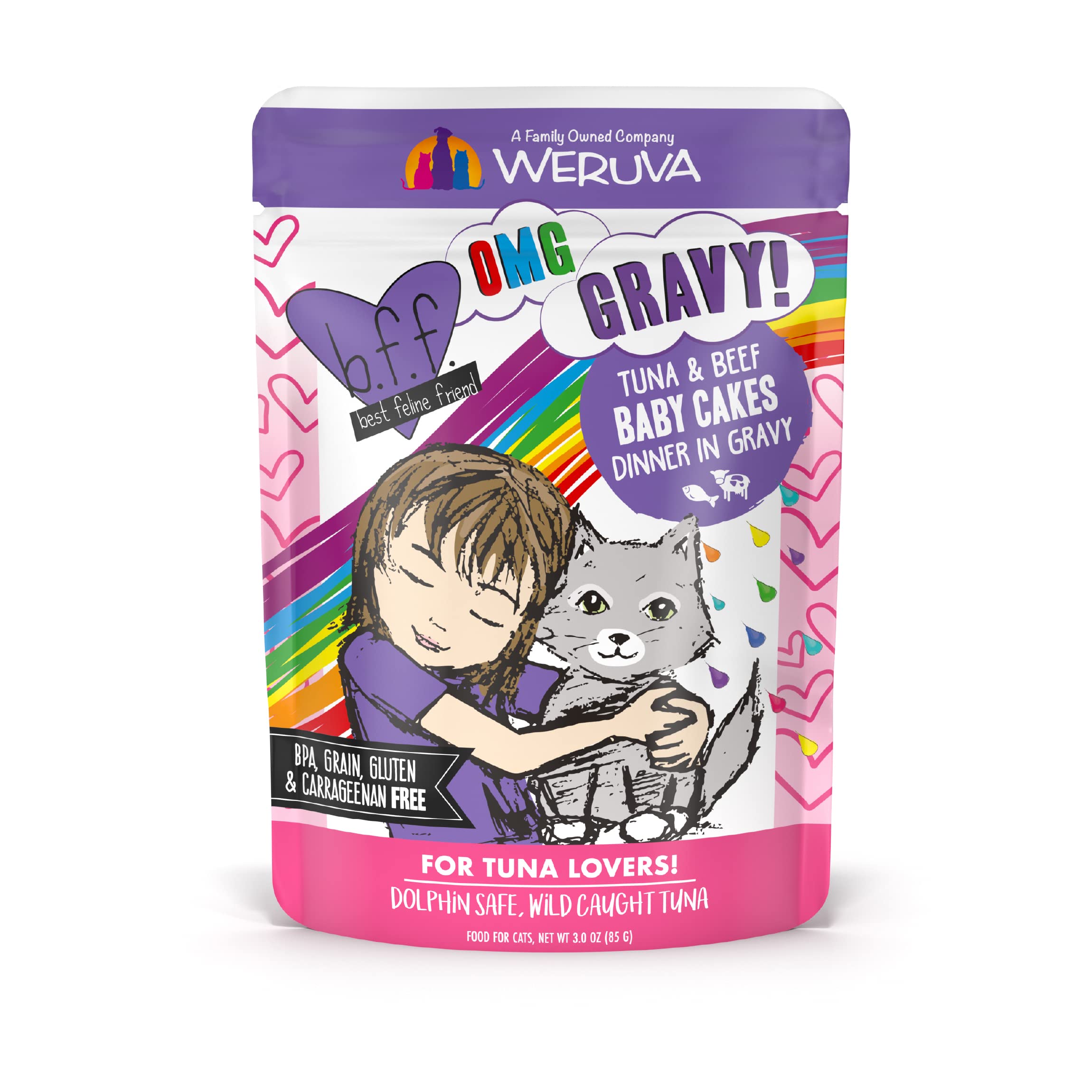 Weruva B.F.OMG Best Feline Friend Oh My Gravy! Tuna & Beef Baby Cakes in Gravy - Grain-Free Wet Cat Food, 3oz Pouch (Pack of 12) - High Protein, Natural Ingredients for Adult & Senior Cats - Perfect for Picky Eaters & Mealtime Enrichment