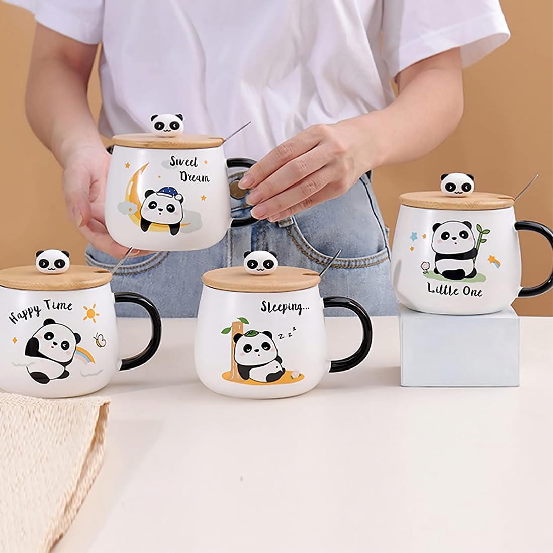 BonZeal 400ml Ceramic Panda Mug with Lid & Spoon - Cute Tea Coffee Cup for Kids, Birthday Christmas New Year Gifts for Boys Girls, Secret Santa Present - Perfect for Hot Drinks, Milk, School & Home Use