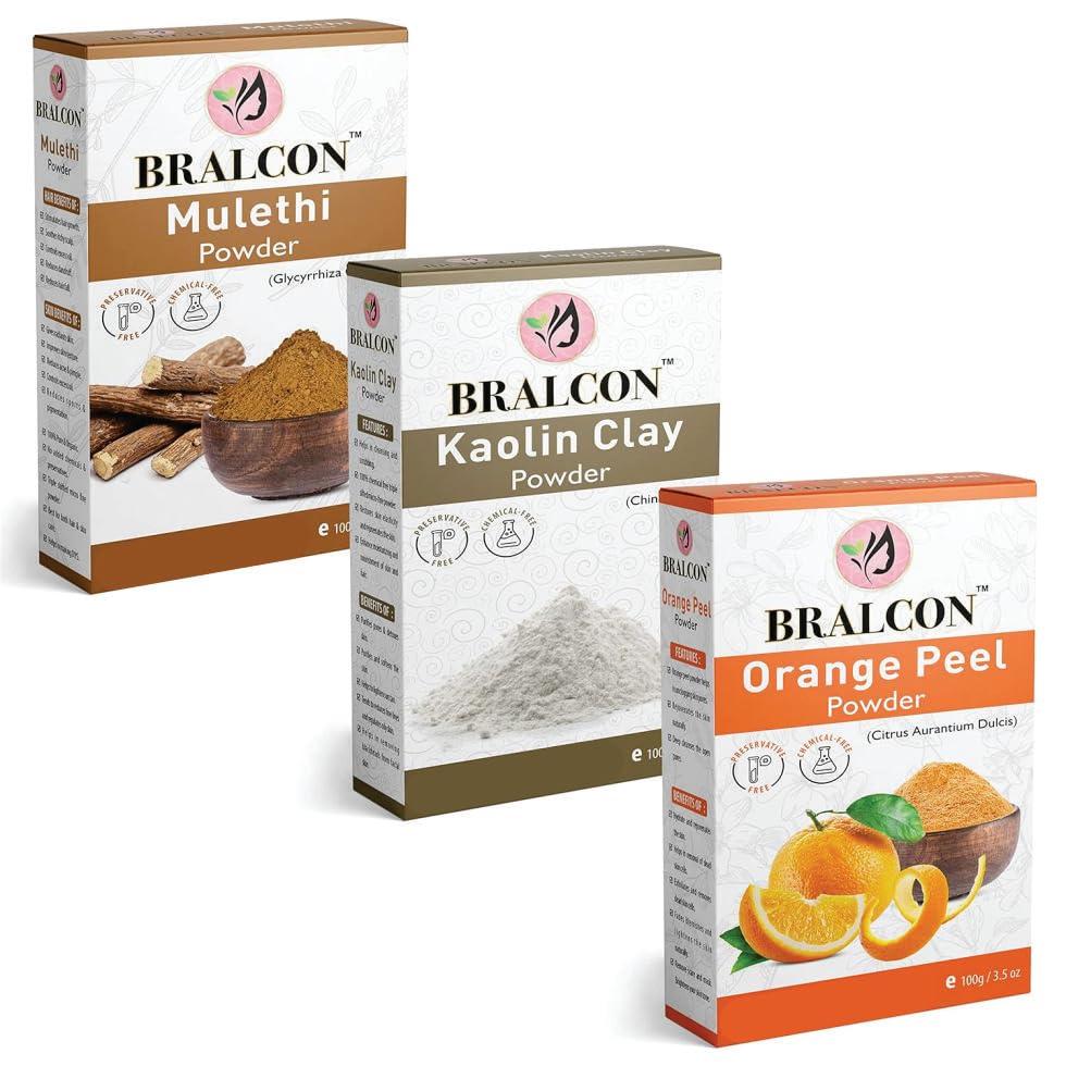 BRALCON Organic Mulethi (Licorice) Powder, Kaolin Clay & Orange Peel Powder Combo - 300g (3x100g) | Natural Face Mask for Skin Whitening, Glowing Complexion & Hair Growth | DIY Beauty Treatment for Acne, Dark Spots & Dull Skin