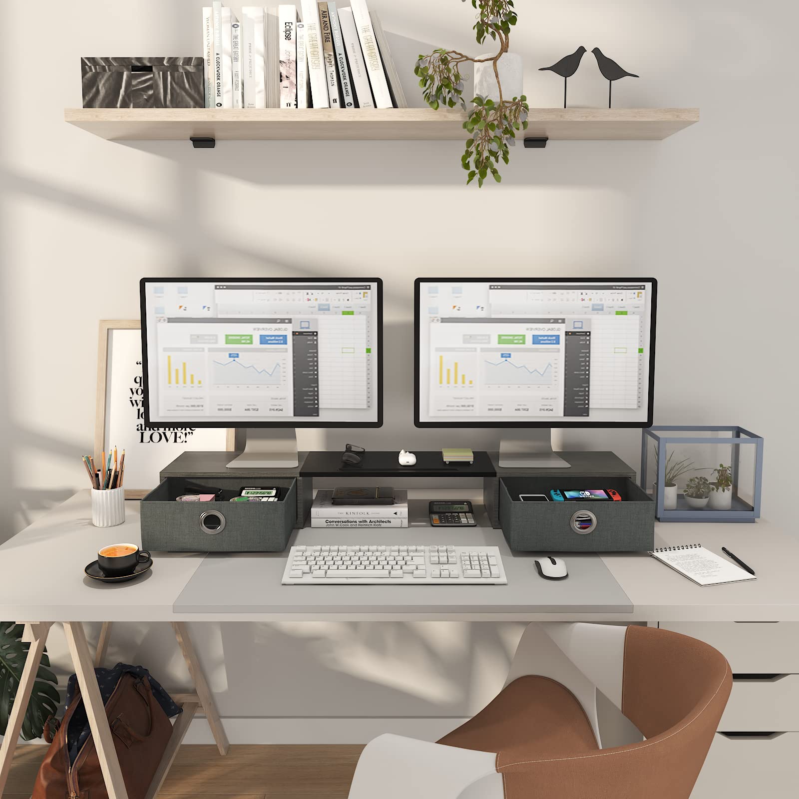 WESTREE Dual Monitor Stand Riser with 2 Drawers - Extra Large Storage for 2 Monitors, Desktop Organizer for Computer, Laptop, Screen, Printer & TV - Perfect for Home Office, Gaming Setup & Workspace Organization