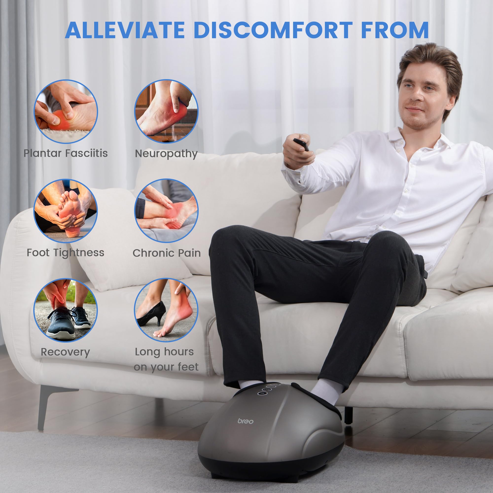 Breo Foot Massager with Heat - Deep Kneading, Air Compression & Rolling Massage for Foot Pain Relief, Plantar Fasciitis & Circulation - Fits Up to Size 46 (US 12) - Perfect for Home, Office & Post-Workout Recovery