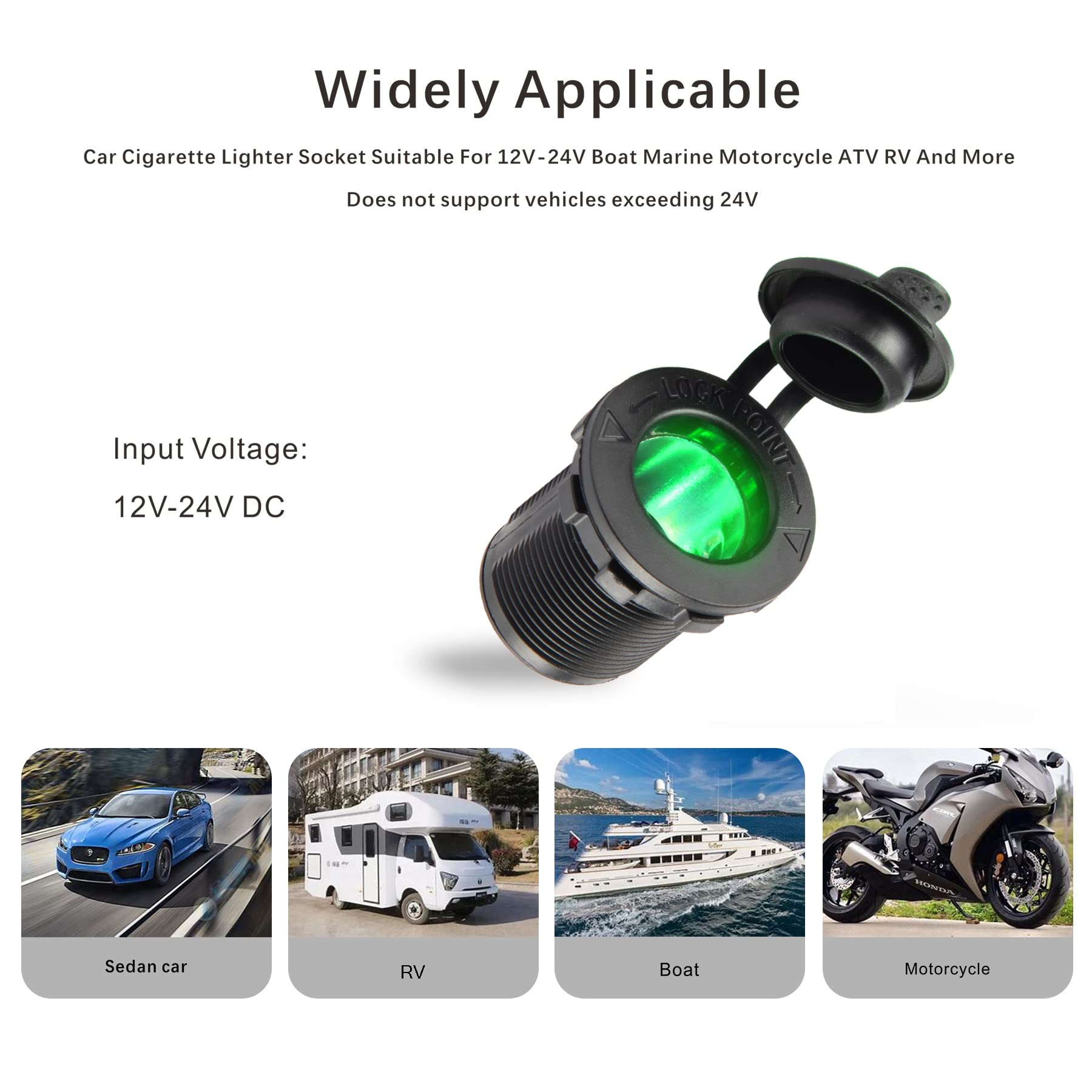 Universal 12V/24V Car Cigarette Lighter Socket - Waterproof Power Outlet for Car, Marine, Motorcycle, ATV & RV - LED Green Light Interior Accessories | Perfect for Road Trips, Camping & Emergency Power Supply