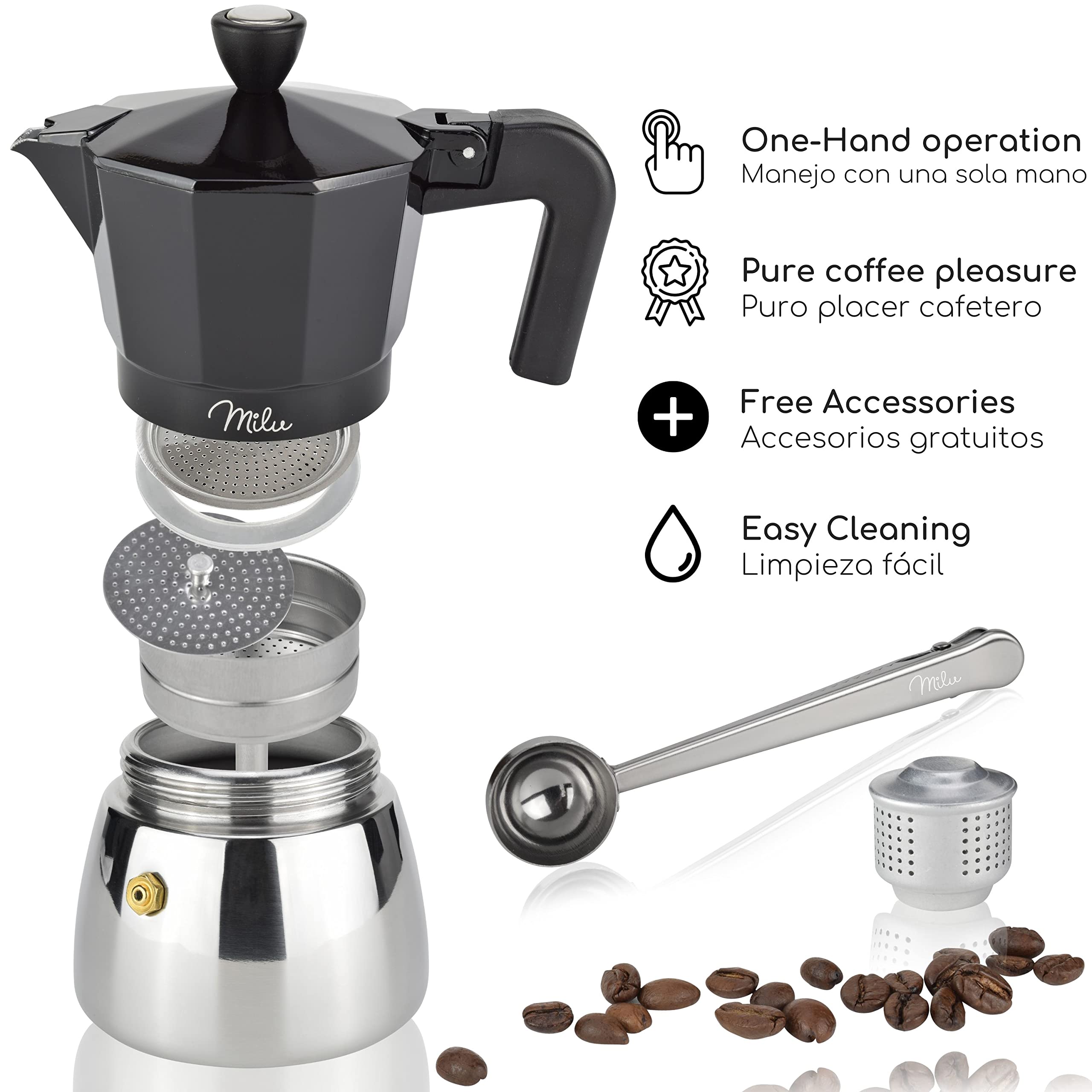 Italian Moka Pot for Induction - 3, 6, 9 Cup Aluminum Stovetop Espresso Maker with Measuring Spoon, Coaster & Cleaning Brush (Black, 9 Cup 400ml) - Perfect for Home Coffee Brewing & Gifts