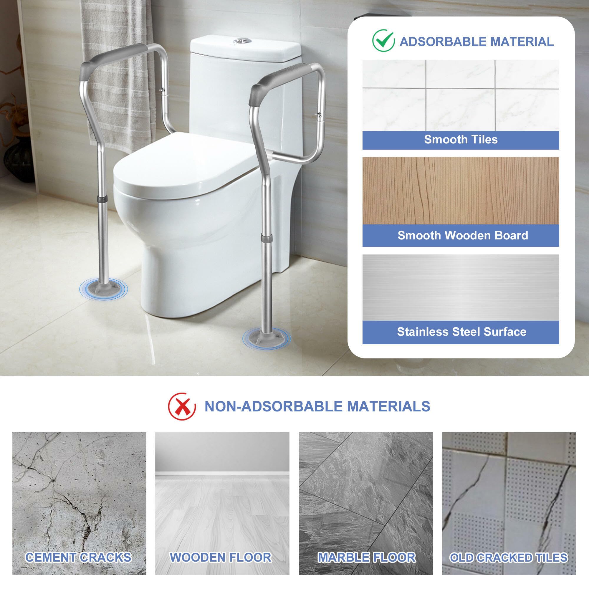 Adjustable Toilet Safety Rails for Seniors - Free Standing Aluminum Frame with Stable Rubber Feet, Supports 330lbs - Ideal for Elderly, Handicapped & Disabled - Perfect for Bathroom Safety & Mobility Assistance