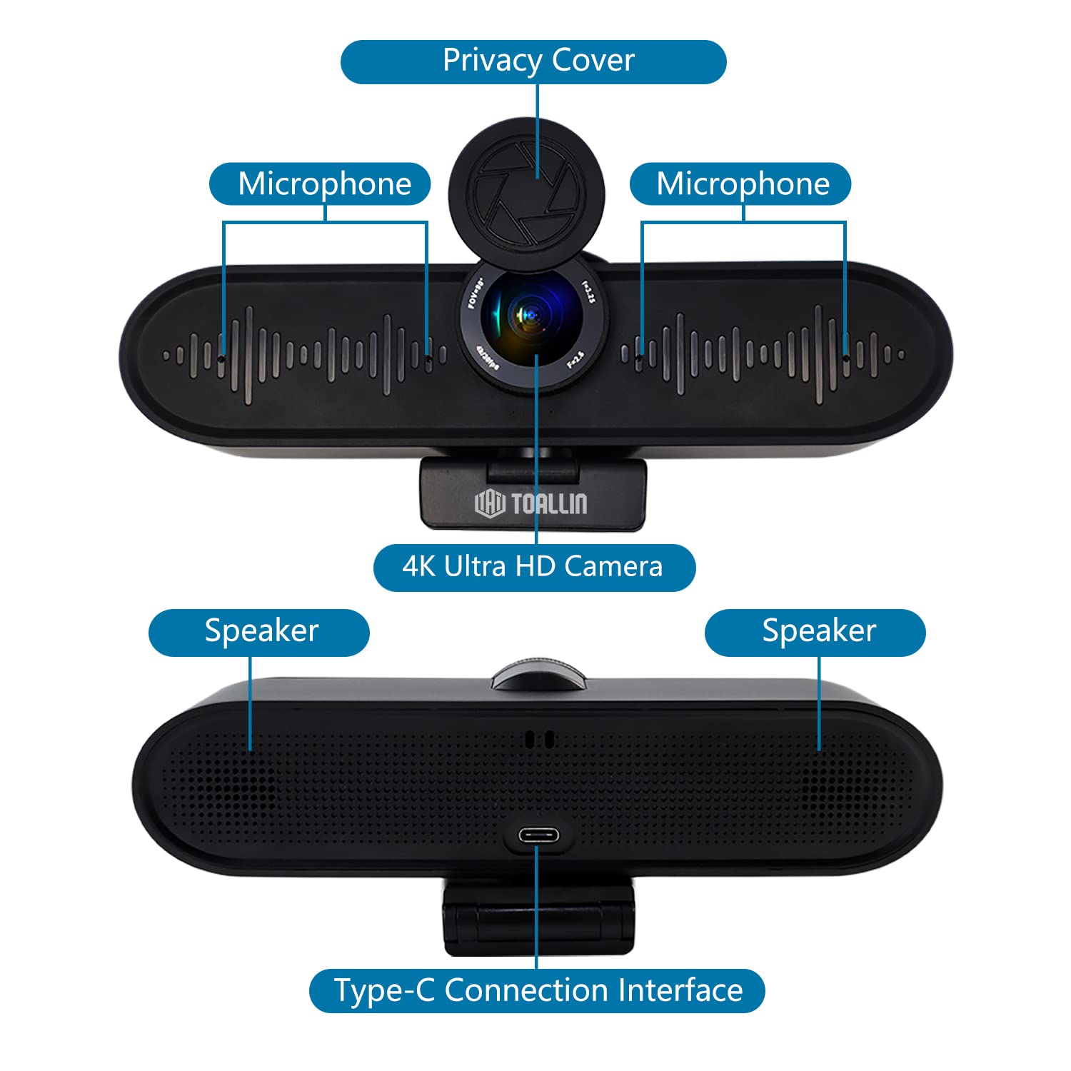 TOALLIN Ultra HD 4K Webcam with Built-in Microphone & Speaker - All-in-One USB Conference Camera for Small Meeting Rooms, Streaming, Online Teaching & Video Calls - Wide Angle Lens for Clear Video Conferencing (Perfect for Zoom, Teams & Remote Work)