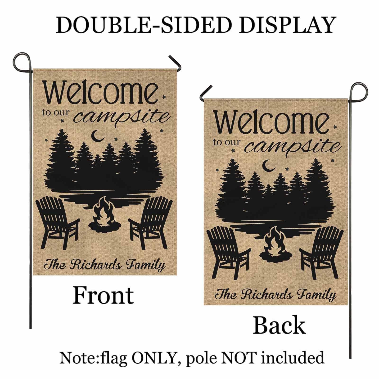 Personalized Welcome to Our Campsite Garden Flag - Custom Text Forest Stars Design - 28x40 Inch Outdoor Yard Banner for Campers, RV Parks & Backyard Decor - Perfect for Camping Trips & Cozy Outdoor Gatherings