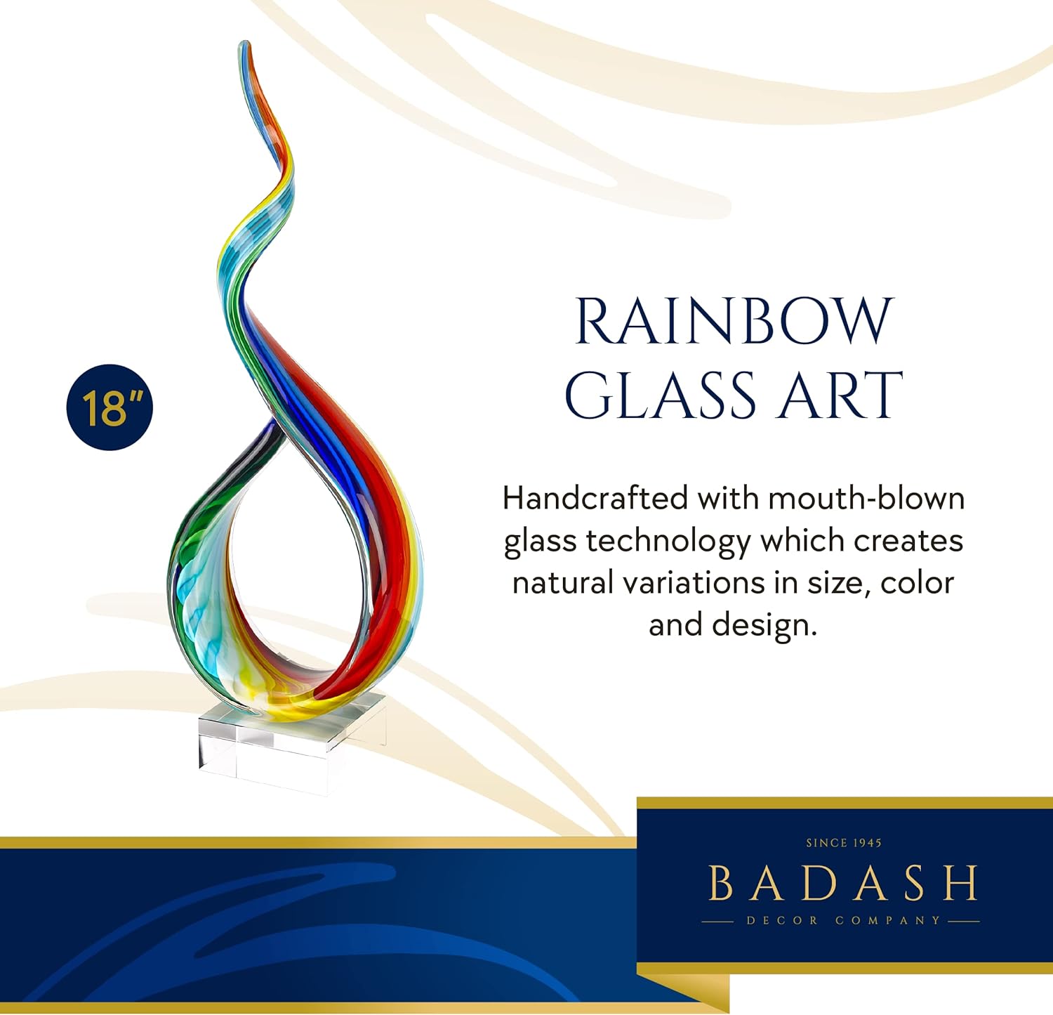Badash Rainbow Murano Style Glass Sculpture - 18 Inch Hand Blown Art Statue with Crystal Base | Elegant Home Decor for Living Room, Office & Gift Giving
