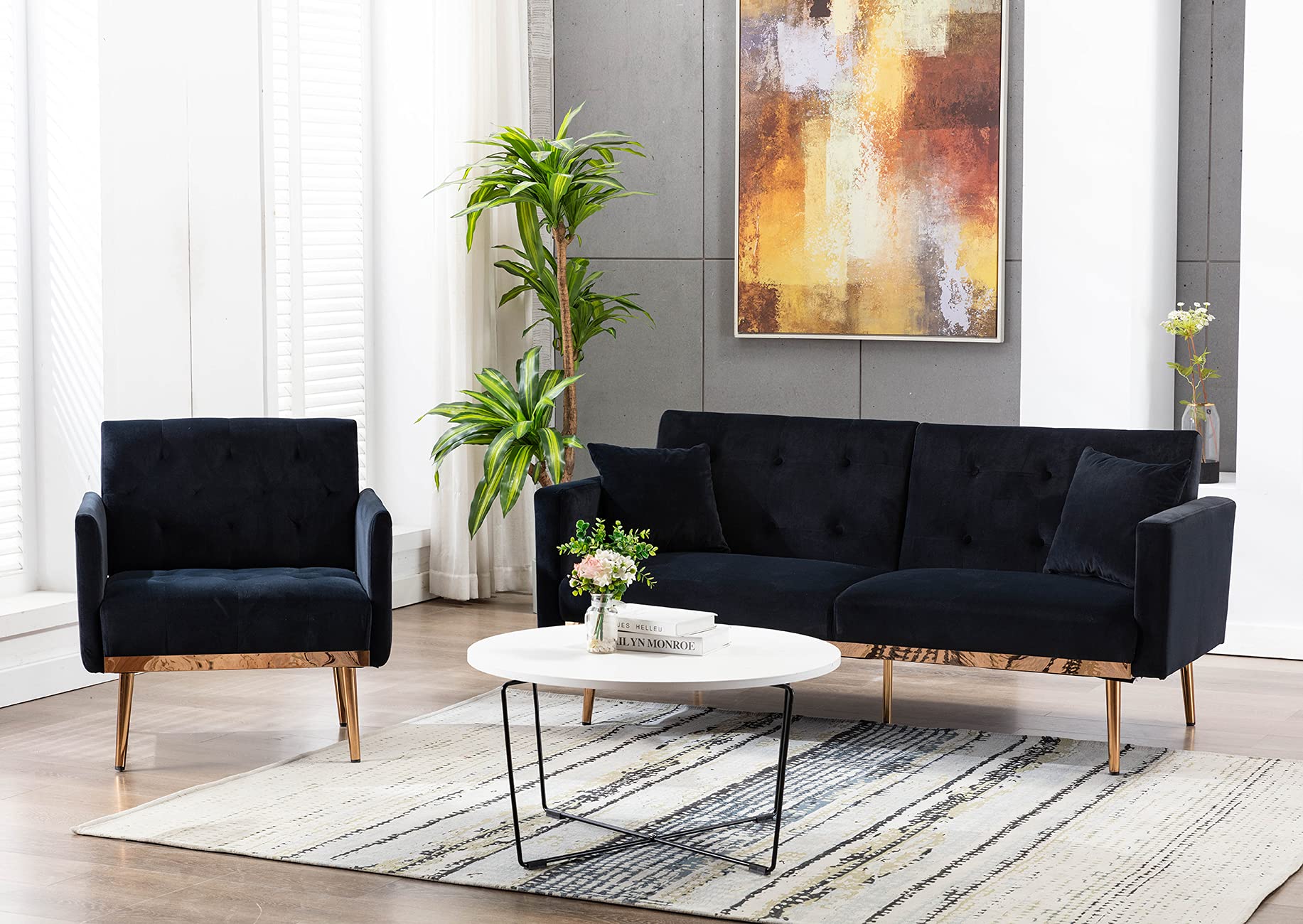 Modern Velvet Single Sofa Chair - Upholstered Accent Living Room Armchair with Rose Gold Metal Legs, Tufted Design for Reading & Lounging - Stylish Black Velvet Chair for Home Office, Bedroom or Apartment Decor