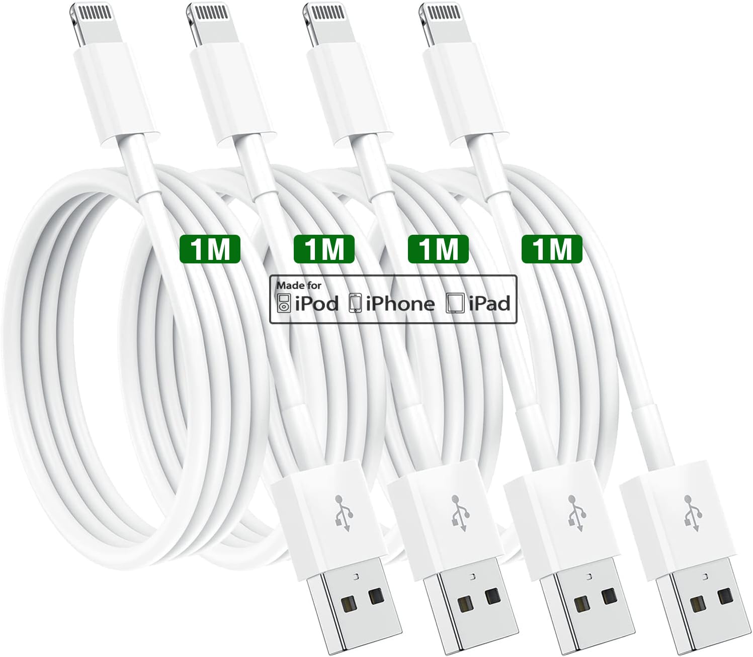 4 Pack Apple MFi Certified Lightning Charger Cable 1M - Fast Charging Cord for iPhone 14/13/12/11/X/8/7 & iPad - Durable White USB Cable for Home, Office, Car & Travel Use
