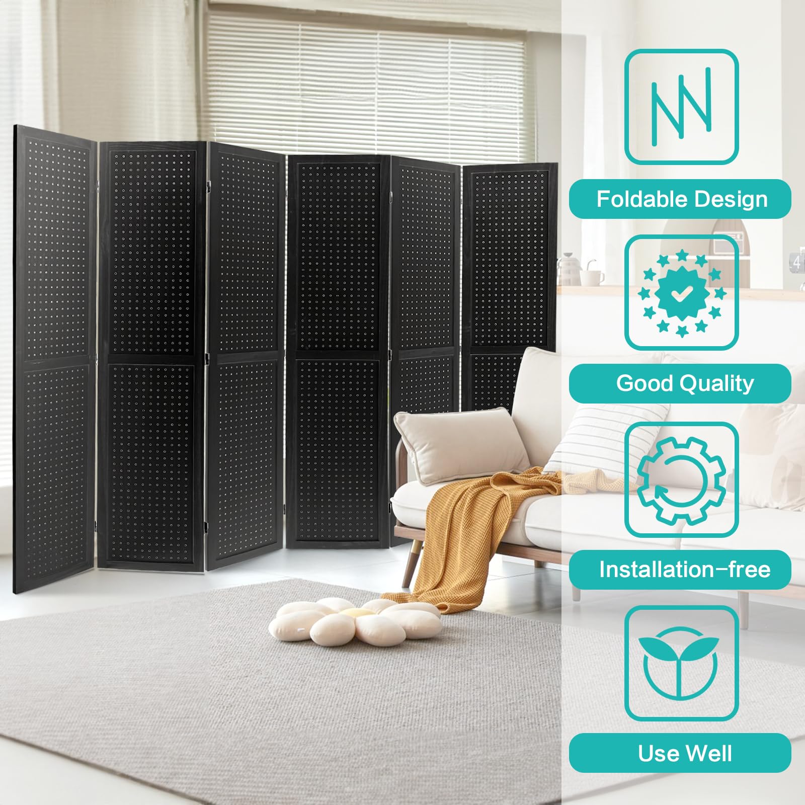 Babion 6 Panel Pegboard Display Stand - Freestanding Folding Room Divider & Privacy Screen for Craft Shows, Trade Shows & Retail Displays - Black Peg Board Organizer for DIY Projects & Home Office Use