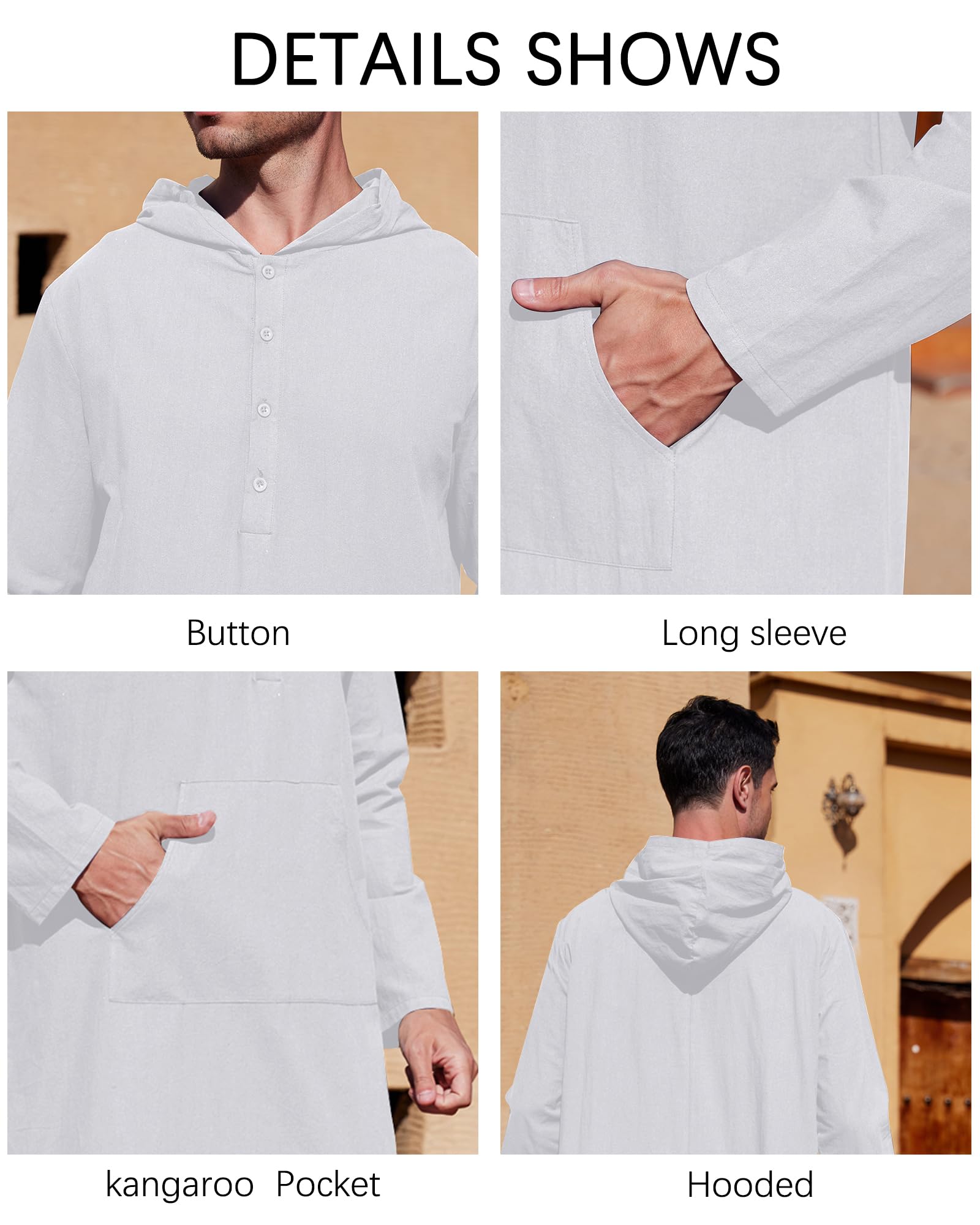 YAOHUOLE Men's Long Sleeve Kaftan Thobe - Big & Tall Muslim Hooded Robe for Prayer, Lounge & Special Occasions