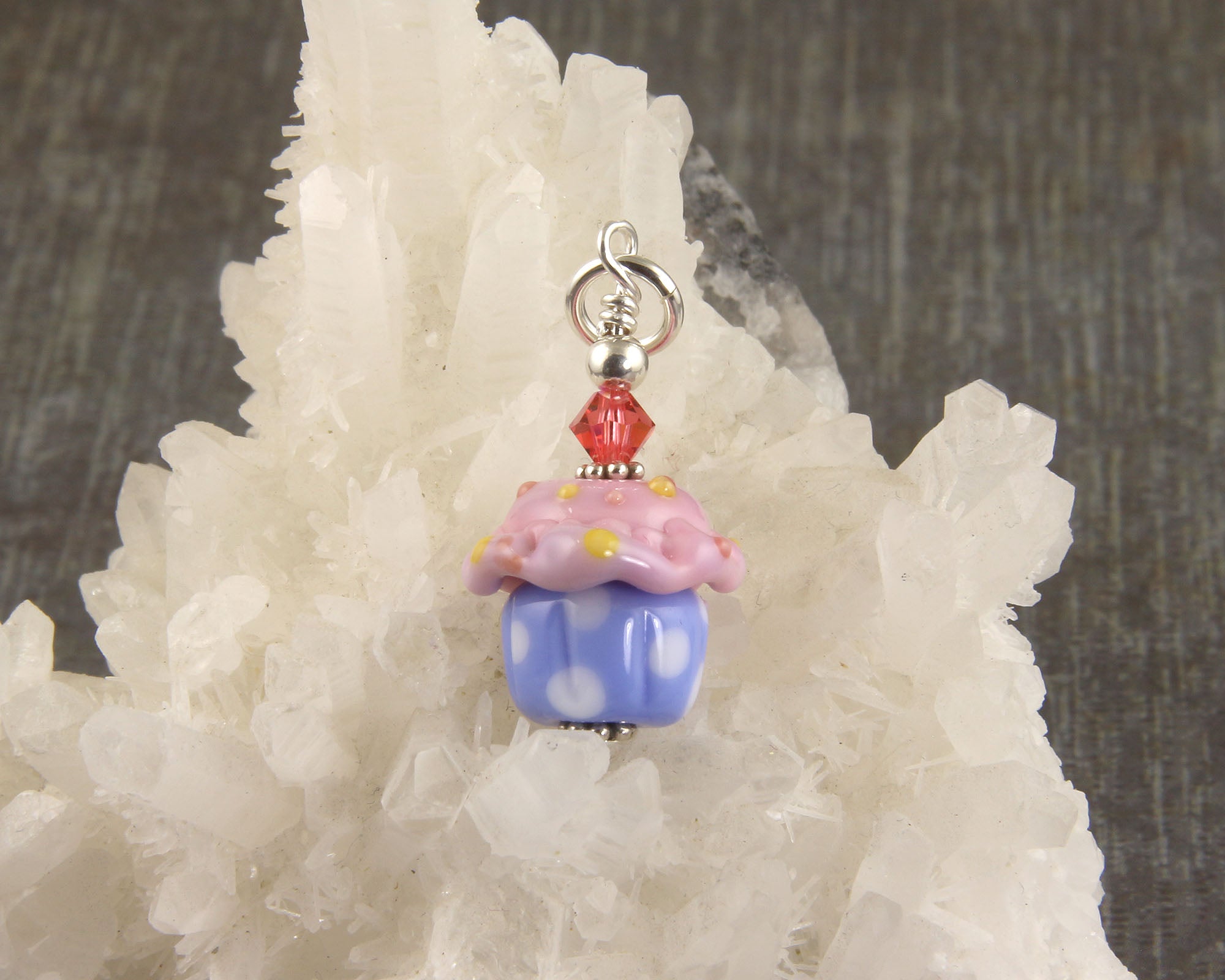 Pink and Blue Cupcake Lampwork Glass Charms - Sterling Silver Jewelry for Cake Decorating, Cupcake Toppers, DIY Crafts, and Gift Giving