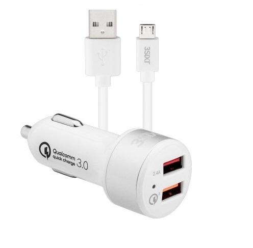 3sixT Fast Car Charger 5.4A Dual Port USB Adapter with 1m Micro USB Cable - Quick Charge for iPhone Android Smartphones While Driving