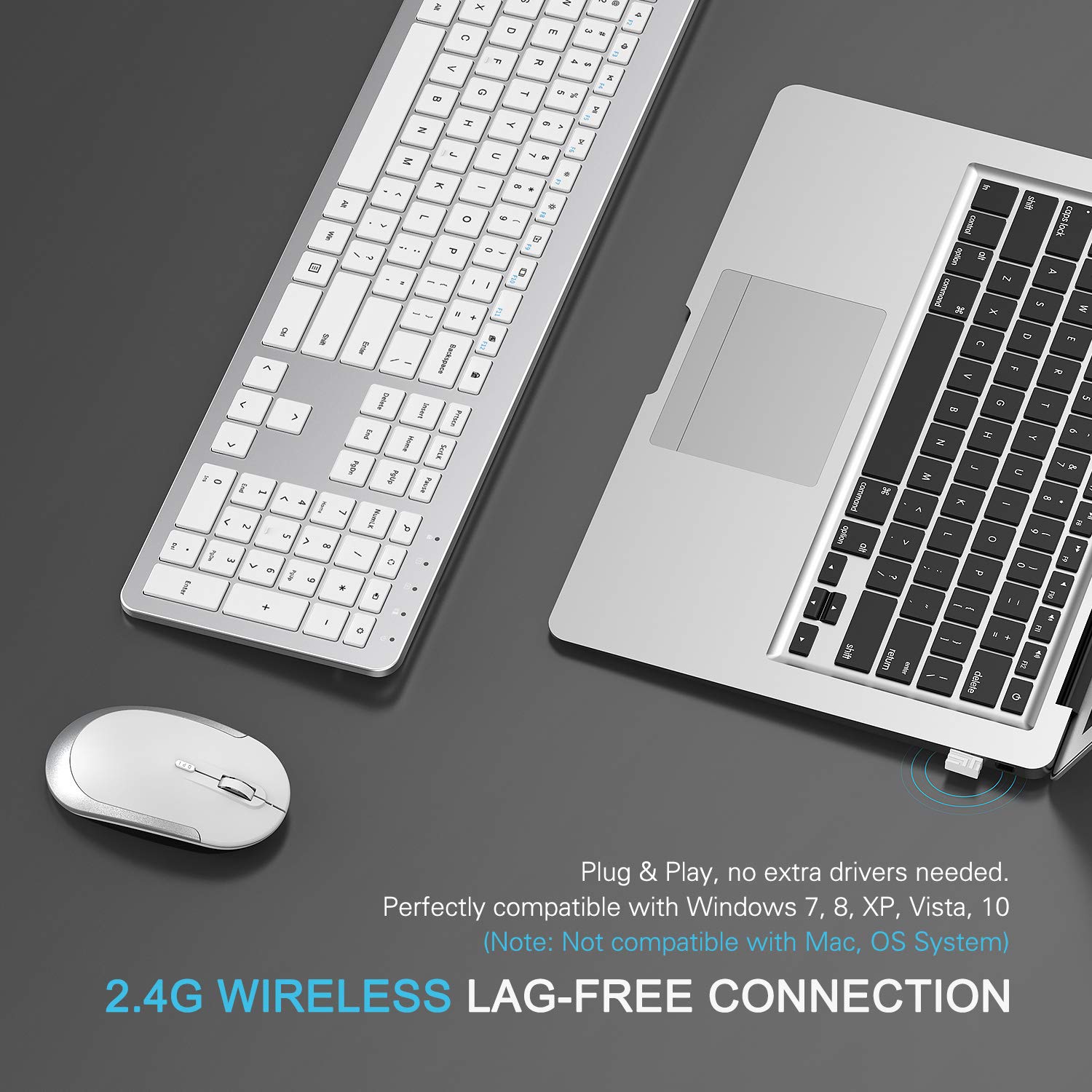 Slim Wireless Keyboard and Mouse Combo with Numeric Keypad - 2.4G Full Size Wireless Keyboard & Mouse Set with Adjustable DPI, Stable Connection (White & Silver) for Home Office, Gaming, and Productivity Work