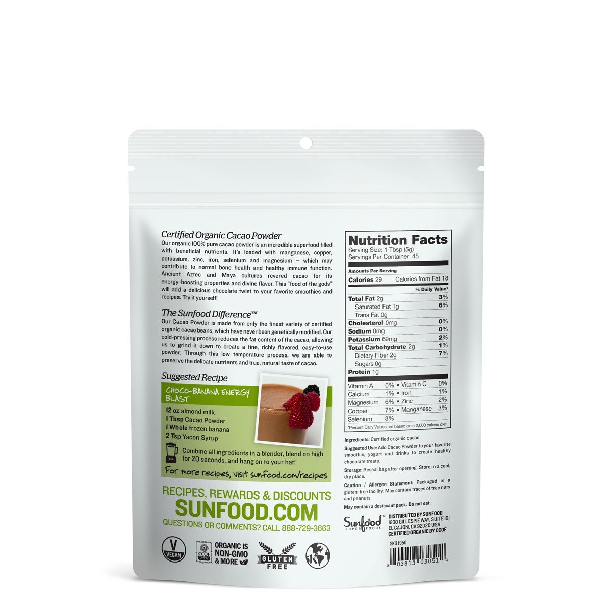 Organic Sunfood Cacao Powder - 8oz (Pack of 2) | Raw, Vegan, Gluten-Free Superfood for Baking, Smoothies & Healthy Hot Chocolate | Perfect for Desserts, Energy Balls & Keto Recipes