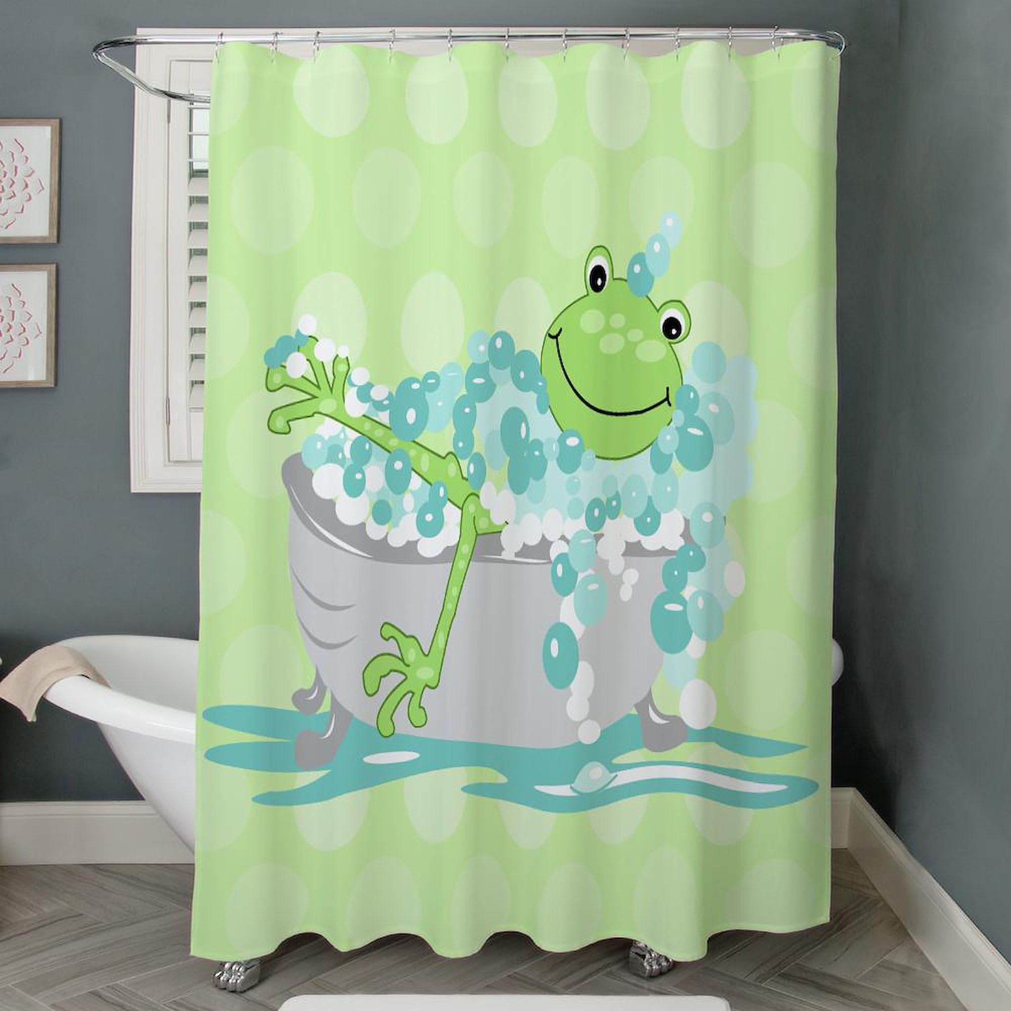 Frog in Tub Shower Curtain - Green Decorative Fabric Bathroom Curtain with Hooks | Fun & Unique Bathroom Decor for Kids, Teens & Animal Lovers