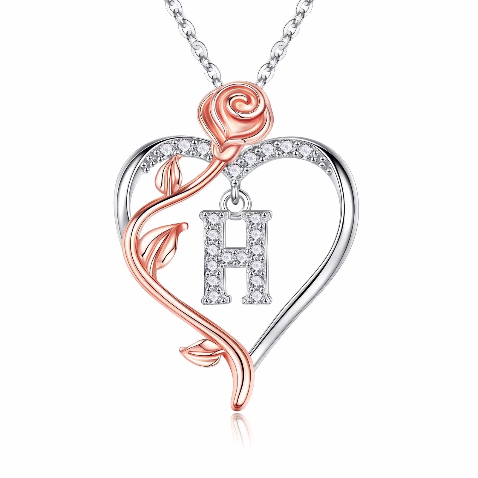Rose Heart Necklace for Women - 925 Sterling Silver Initial Pendant, Personalized Anniversary Birthday Gift for Wife Girlfriend Mom | Elegant Jewelry for Valentine's Day, Wedding, Mother's Day & Special Occasions