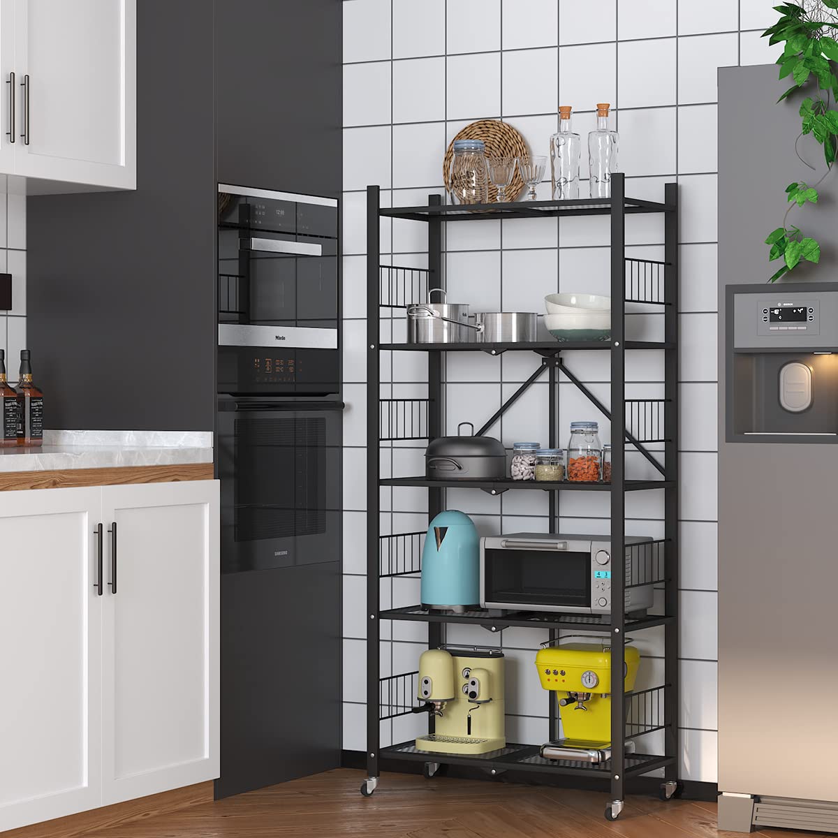 5-Tier Metal Folding Storage Shelves with Wheels - Heavy Duty Collapsible Shelving Unit, No Assembly Rolling Shelf for Garage, Kitchen, Pantry, Laundry Room & Closet Organization