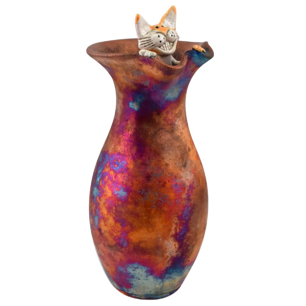 Handmade American Raku Pottery Vase with Playful Peekaboo Cat Design - Perfect for Boho Home Decor, Unique Gift & Living Room Centerpiece