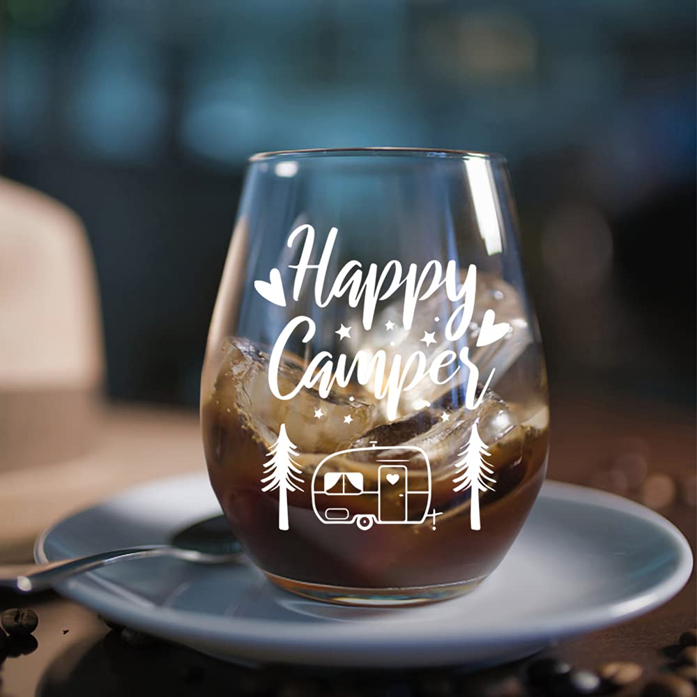 Happy Camper Funny Wine Glass - Birthday Gifts for Women, Sister & BFF - Cute Camping Gifts for Her - Glamping RV Kitchen Accessories - Perfect for Thanksgiving, Christmas & Graduation - Great for Outdoor Adventures, Girls' Night & Wine Tasting Parties