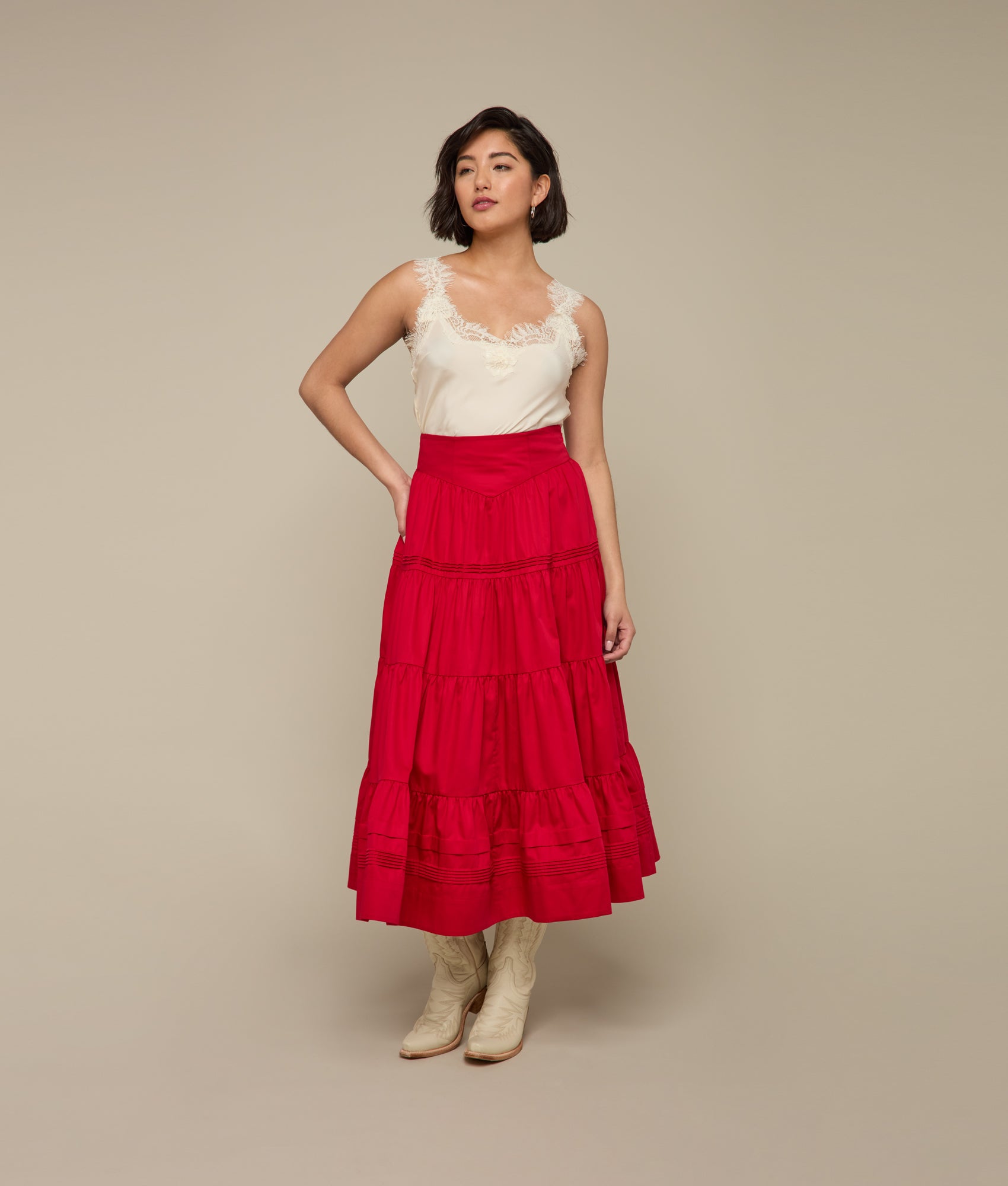 Dakota Tiered Skirt for Women - Flowy Red Midi Skirt with Elastic Waist | Perfect for Casual Outfits, Summer Dresses & Boho Style Fashion