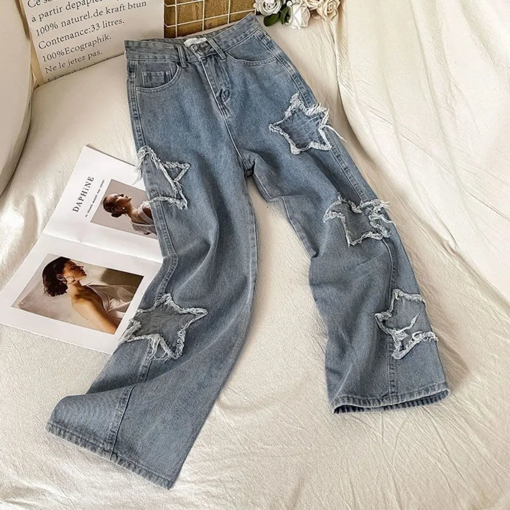 Trendy Korean Denim Jeans for Women - High Waist Straight Leg Loose Fit with Star Design | Spring & Autumn Fashion | Perfect for Casual Wear, Street Style & Daily Outfits