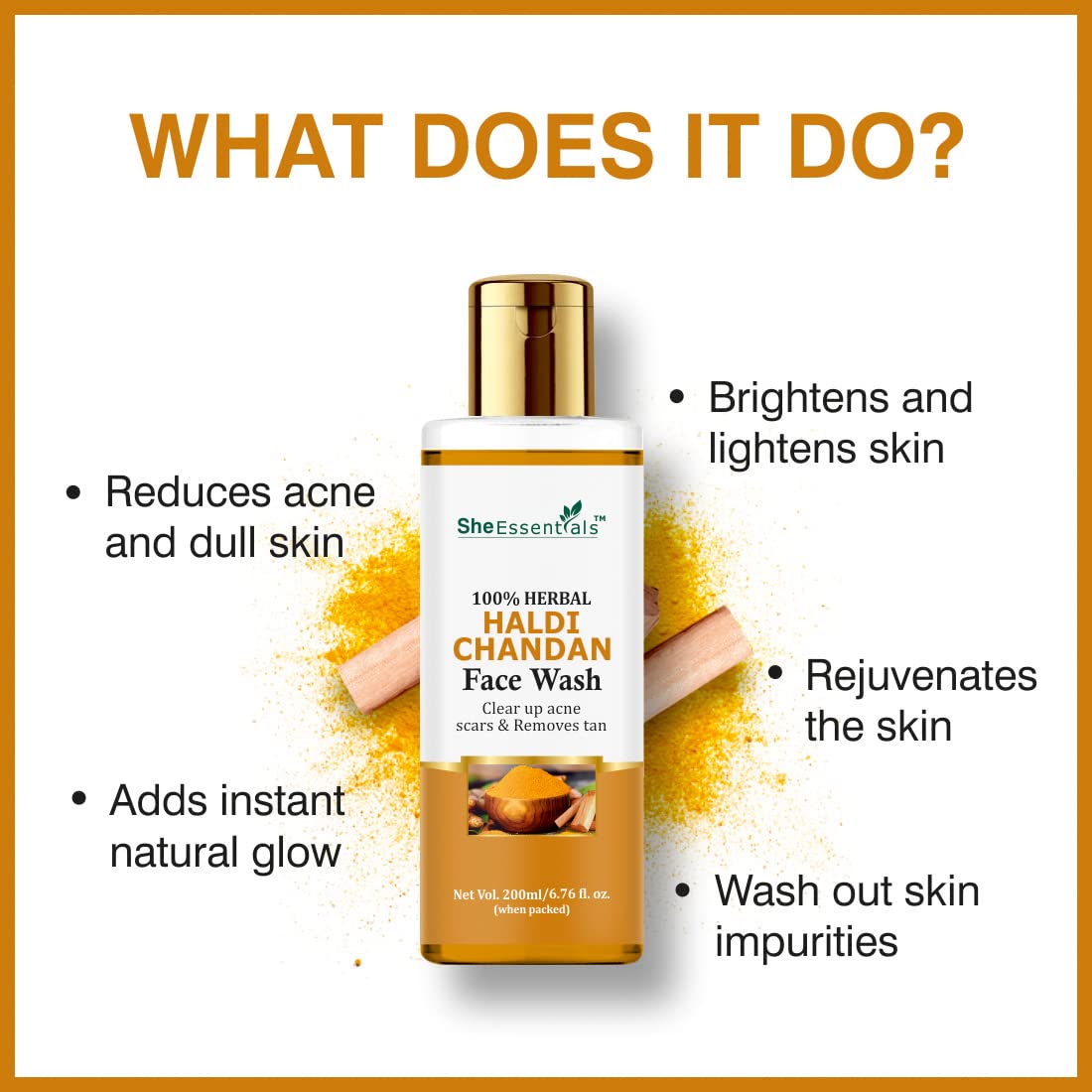**She Essentials Haldi Chandan (Ubtan) 100% Natural Glow Face Wash for Scar & Tan Removal - Paraben & Sulphate Free, 200ml - Brightens Skin for Men & Women - Perfect for Daily Skincare & Post-Sun Care**