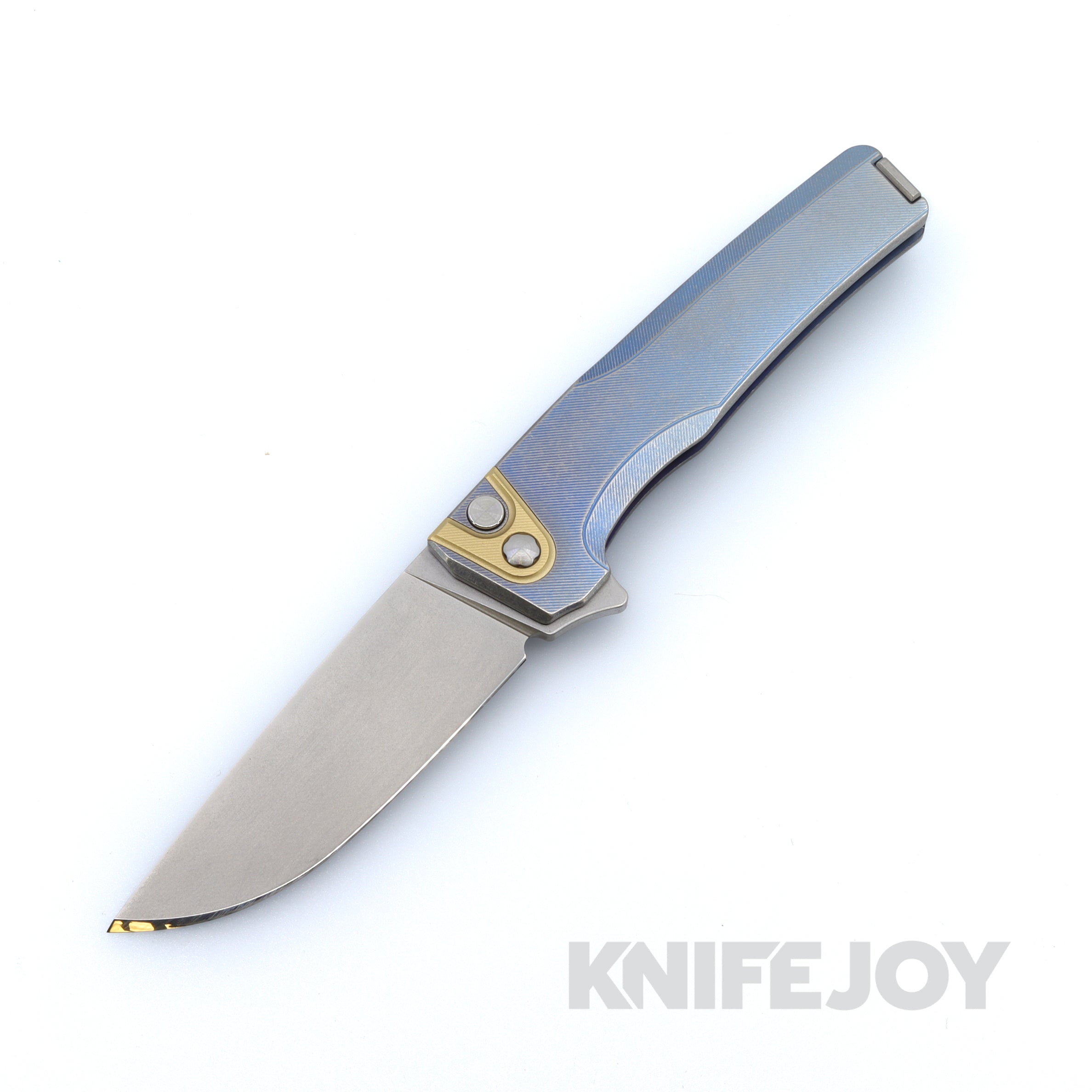MachineWise Sonora Button Lock Folding Knife - 20CV Steel Blade with Ice Blue Fine Step Texture, Grade 5 Titanium Handles & Brass Bolster | EDC, Outdoor Camping, Survival Tool