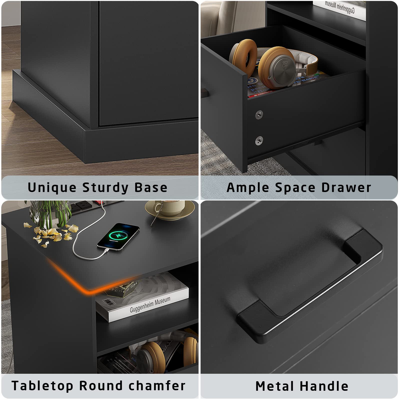 Hasuit Nightstand Set of 2 with Charging Station & Storage - Black Bedside Tables for Bedroom & Office