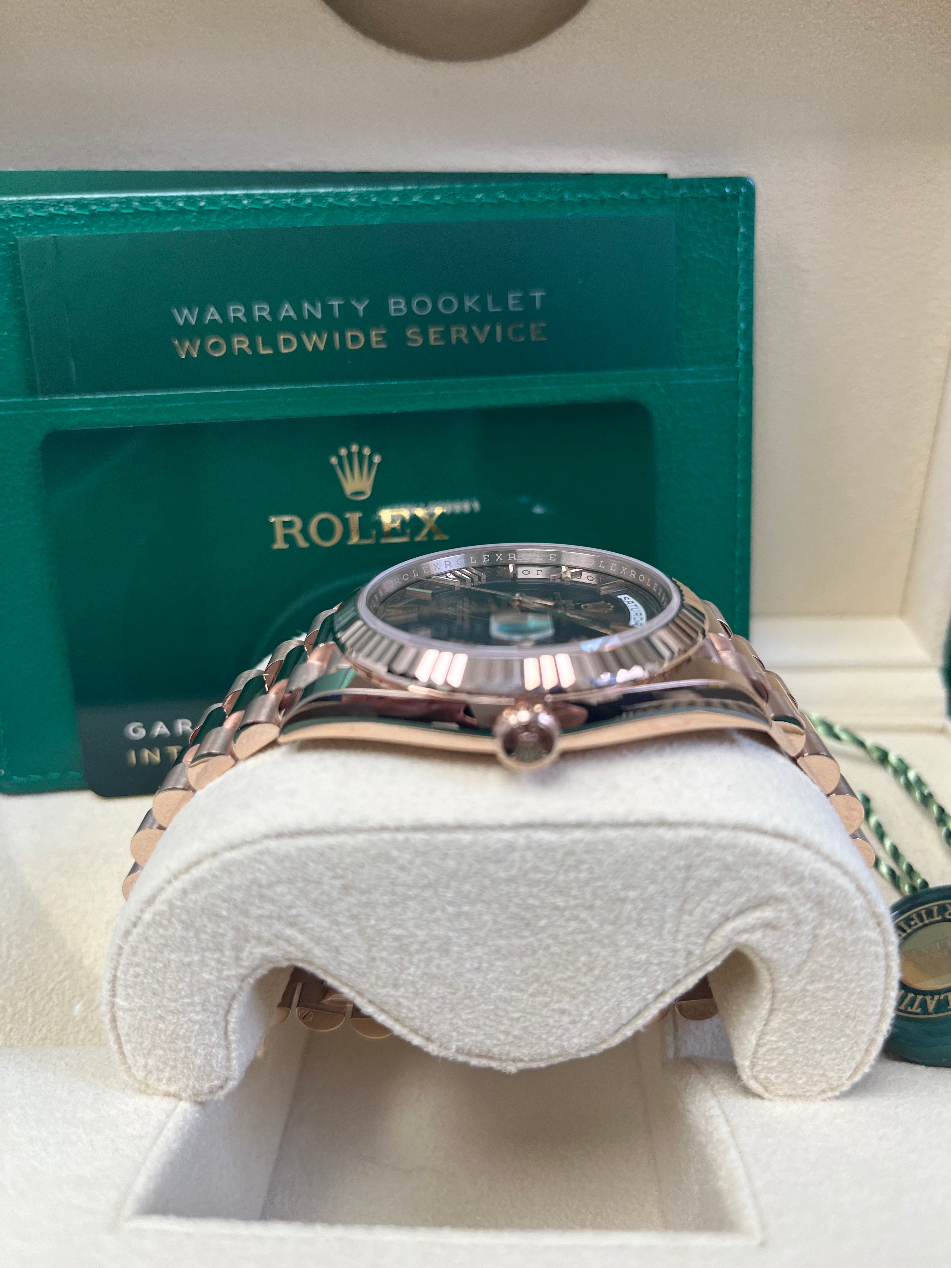 Rolex Day Date 40 Rose Gold Watch with Chocolate Roman Dial & Fluted Bezel (Ref# 228235) - Luxury Dress Watch for Business & Formal Occasions