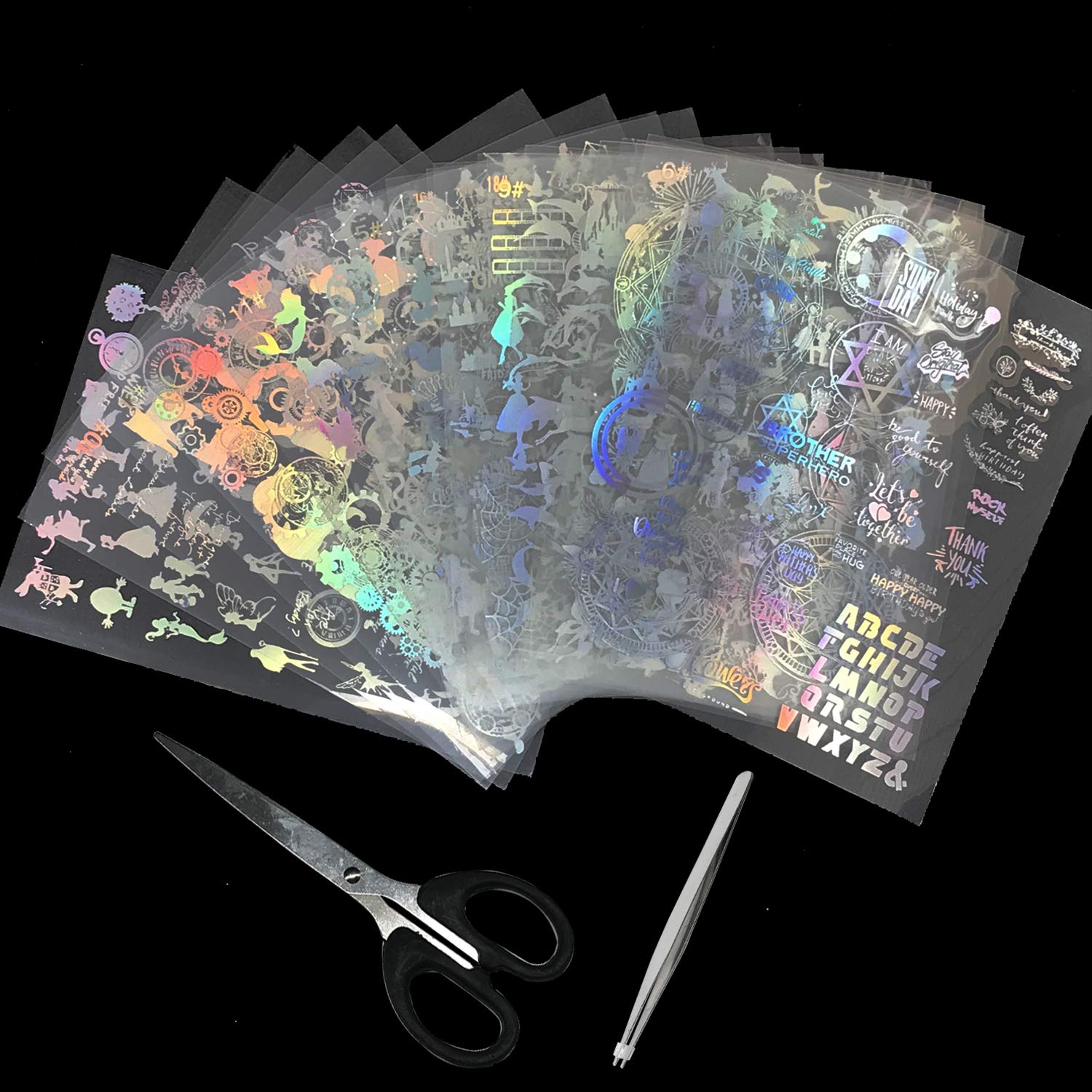 Woohome 22-Piece Resin Art Supplies Kit with 20 Transparent Decorative Stickers, Scissors & Tweezers for Silicone Mold Casting - Holographic Magic Circle Stickers for UV Resin Jewelry Making, DIY Epoxy Crafts - Perfect for Home Decor, Gift Making & Creative Projects