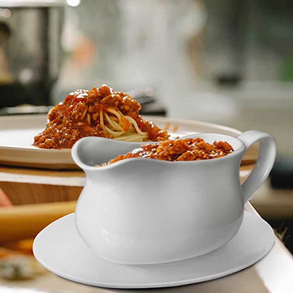 Qlans 17 Oz White Porcelain Gravy Boat with Dripless Spout - Large Sauce Pourer for Gravy, Salad Dressing, Milk - Microwave & Freezer Safe - Perfect for Thanksgiving Dinner, Buffet Serving, and Family Gatherings