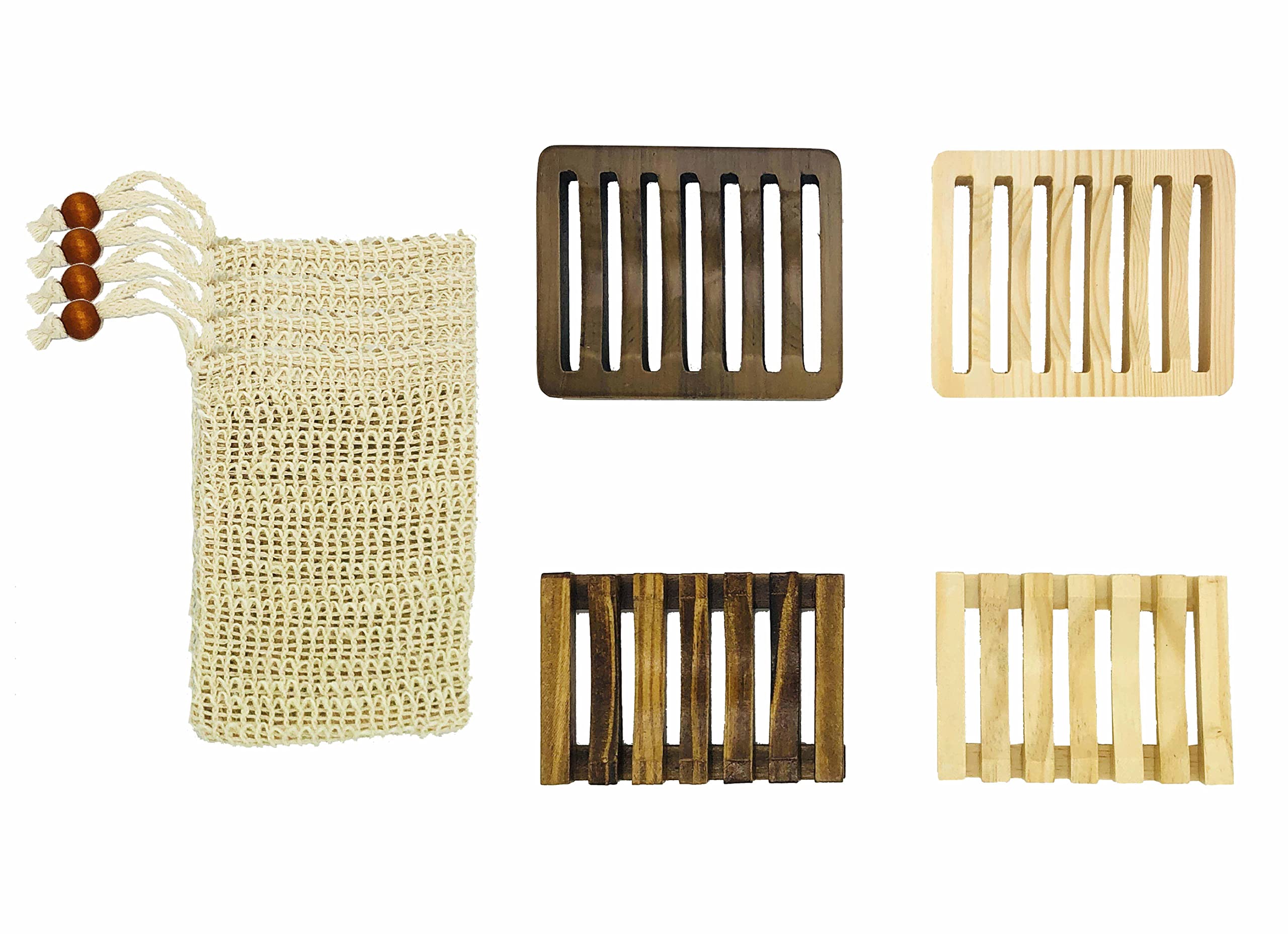 4 Pack Wooden Soap Dishes & 4 Pack Soap Exfoliating Bags - Handmade Self-Draining Soap Holders for Bathroom, Shower, Kitchen | Natural Bamboo Soap Saver with Drainage Holes | Perfect for Spa, Travel & Eco-Friendly Home Use